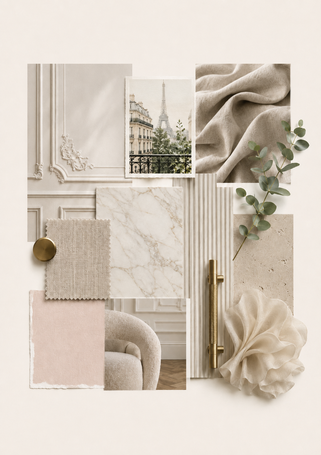 Wanddeko mit Pariser Aussicht, Stoff- und Naturmaterialien, beige Farben, Eukalyptuszweig, goldene Akzente.