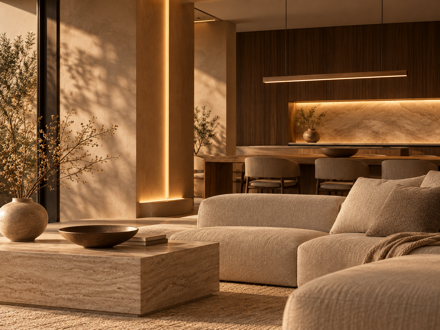 Wohnzimmer in warmen Naturtönen mit beigem Sofa, Couchtisch aus Stein und stimmungsvoller Beleuchtung am Abend