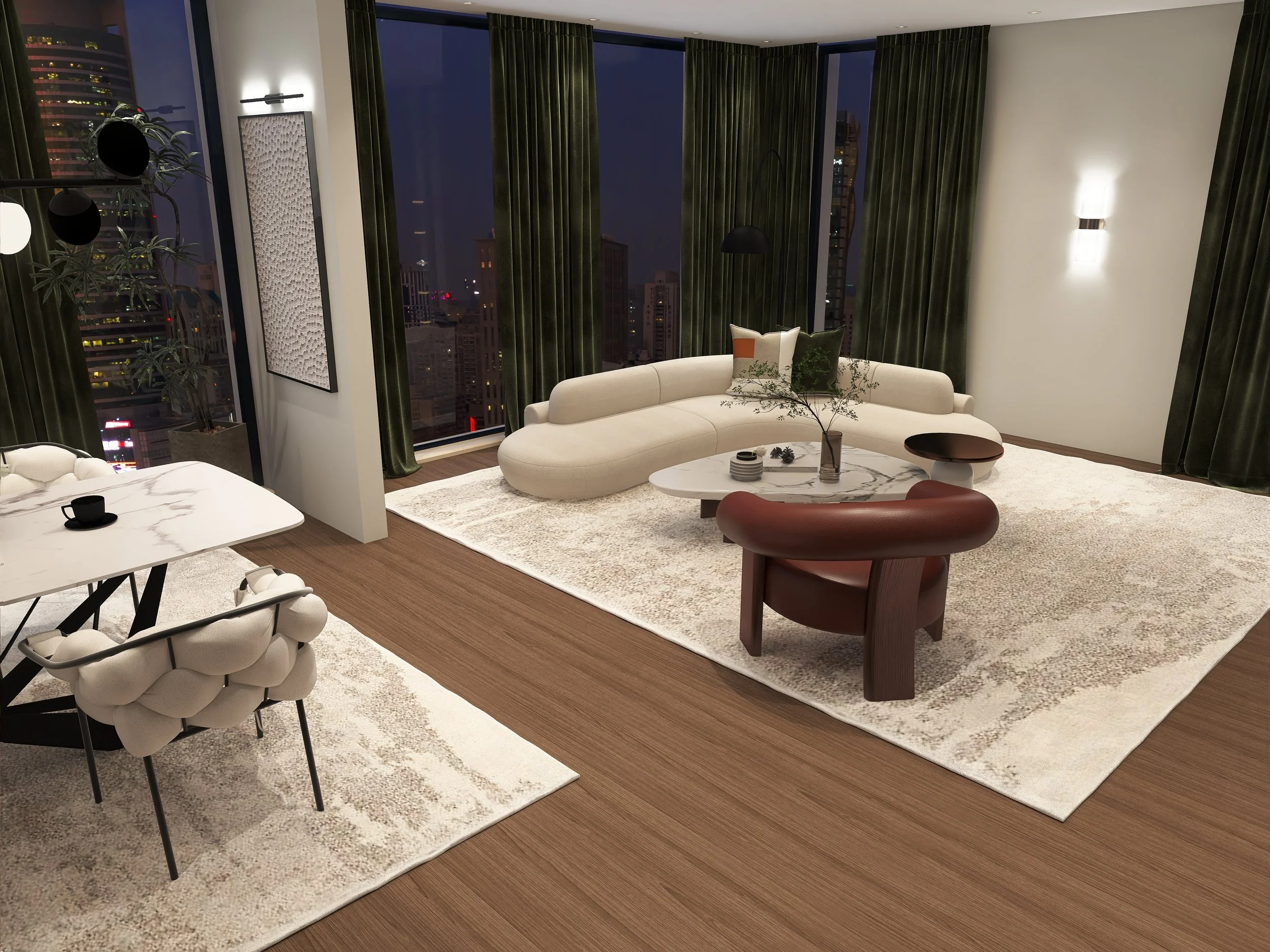 Ein modernes Wohnzimmer mit großen Fenstern, einer weißen Couch, mehreren Kissen, einem runden Couchtisch mit Dekorationsgegenständen und dunklen Vorhängen, bei Nacht.