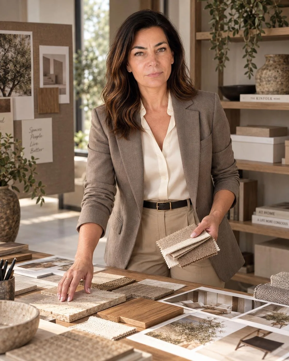 Frau in Businesskleidung, die Stoffmuster und Holzbretter auf einem Tisch in einem Innenraum mit Regal und Pflanzen betrachtet.