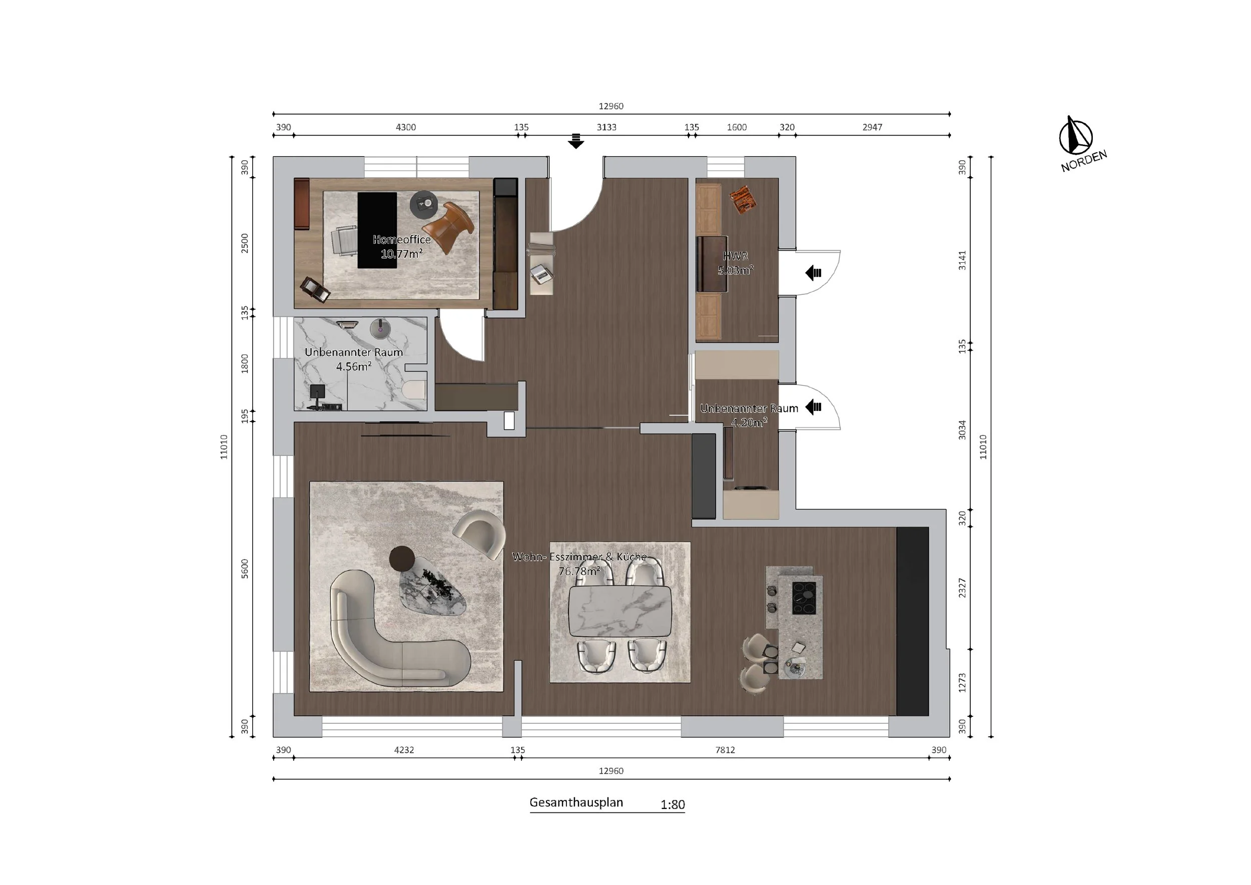 Ein Grundrissplan eines Hauses mit verschiedenen Räumen, darunter ein Büro, ein Wohnzimmer und eine Küche, alles in 1:80 Maßstab.