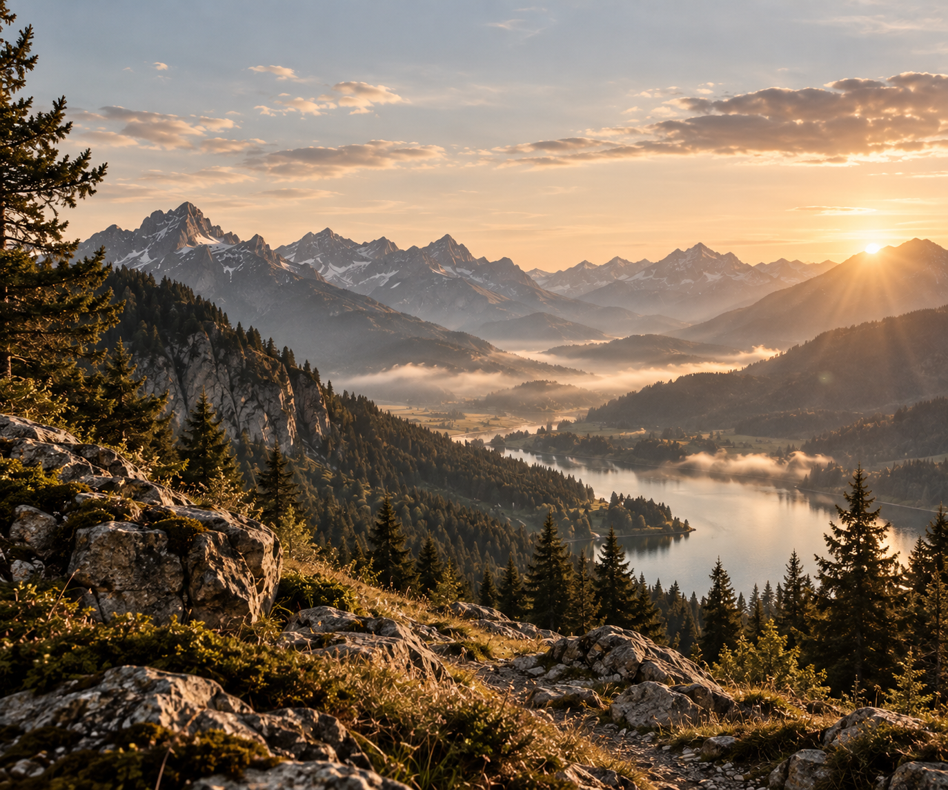 Sonnenaufgang über einer Berglandschaft mit verschneiten Gipfeln, einem Fluss im Tal und Bergen im Hintergrund, umgeben von Tannenwäldern.
