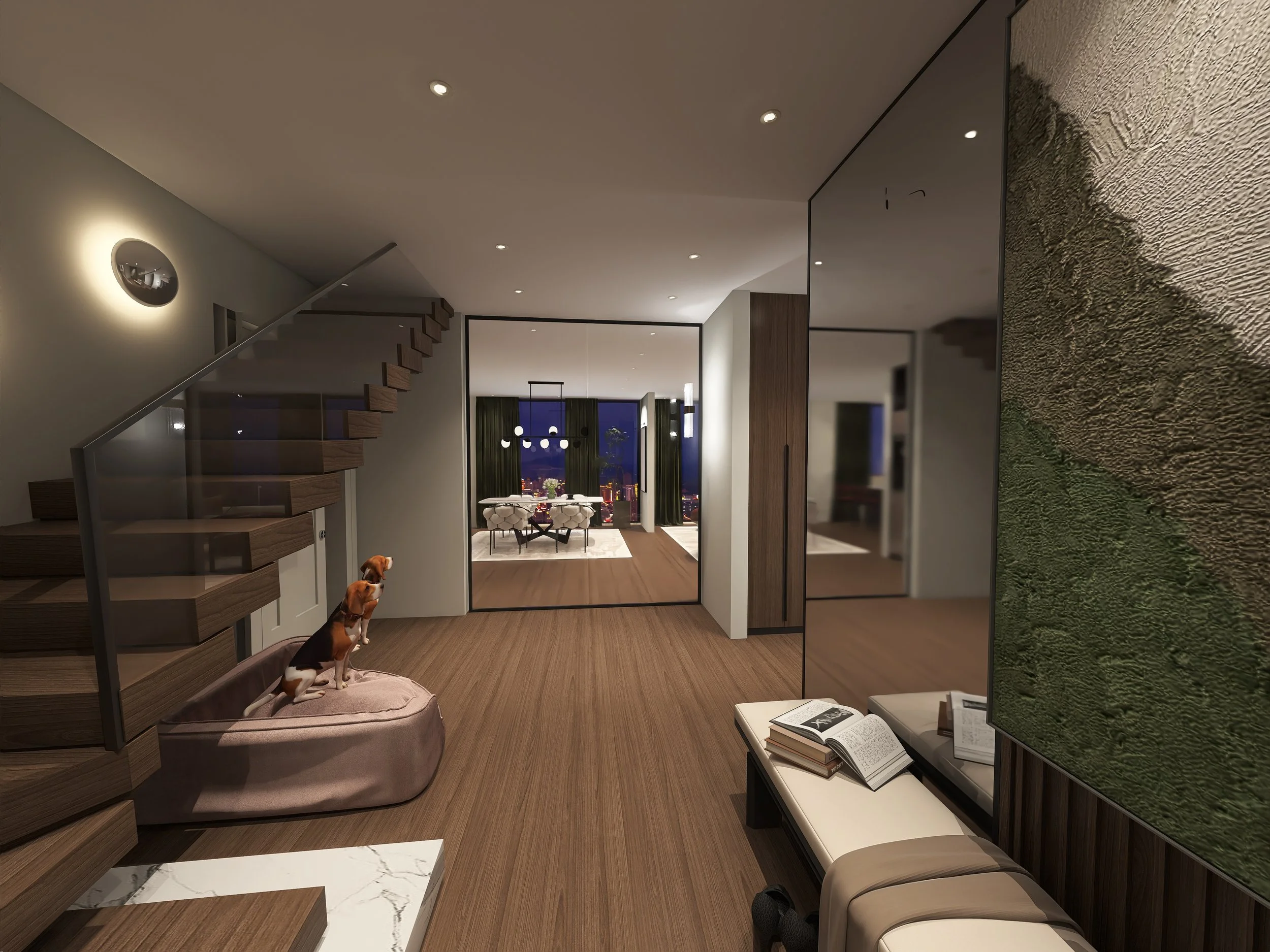 Das Bild zeigt das Innere eines modernen, gut beleuchteten Wohnzimmers mit einem Essbereich im Hintergrund. Es gibt eine Treppe aus Holz mit Metallgeländer, eine Wand mit einem runden Wandbild, eine große Spiegelwand und eine Couch mit einem Hund dar