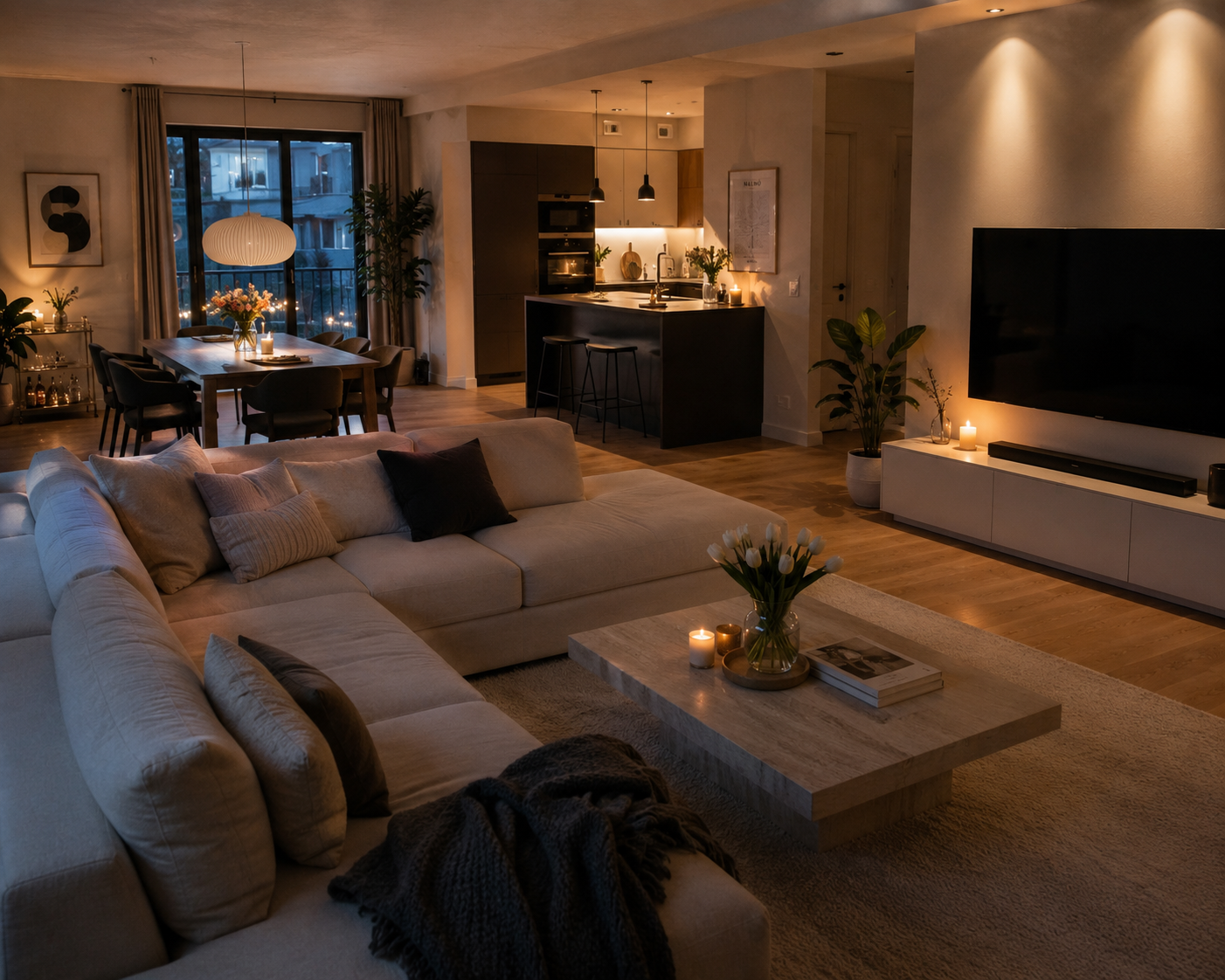 Gemütliches Wohnzimmer mit Sofagruppierung, Couchtisch mit Blumen und Kerzen, Fernseher an der Wand, offene Küche im Hintergrund mit Esstisch, Glastüren zum Balkon, dezentes Licht, Pflanzen, Dekorationsartikel
