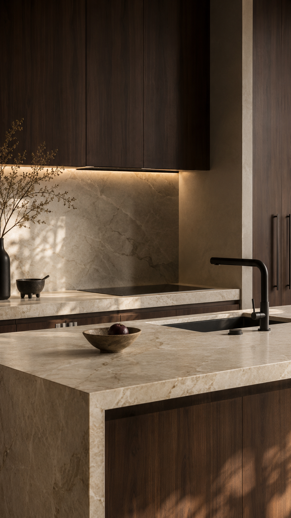 Moderne Küchenzeile mit dunklen Holzschränken, einer Marmor-Arbeitsfläche und einer schwarzen Wasserhahn. Dekorative Gegenstände wie eine Schüssel mit einer Frucht und eine Vase mit Zweigen sind sichtbar.