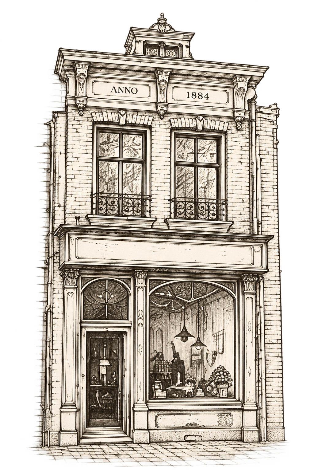 Tekening van historische pand Maison Brut in Gouda gebouwd in 1884.