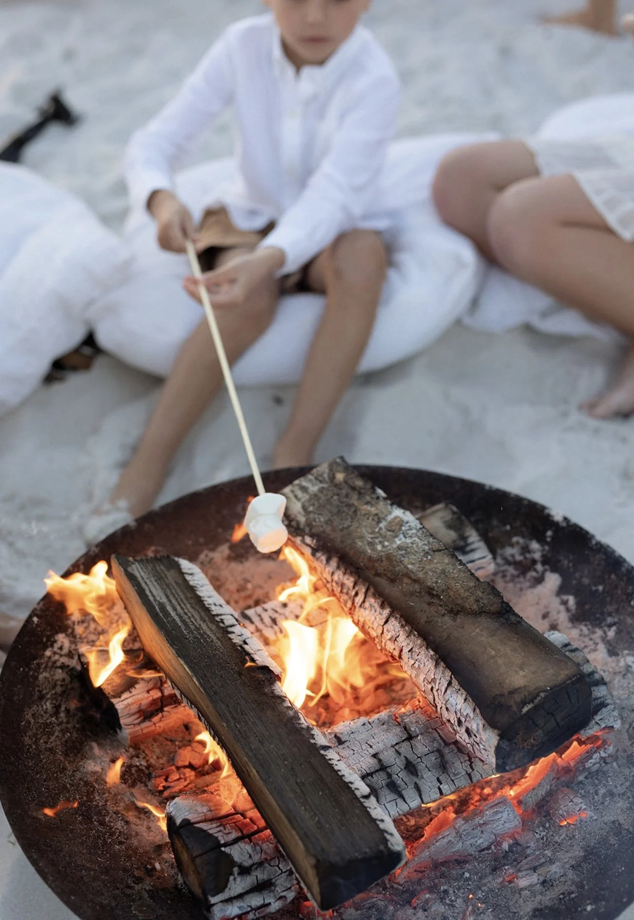 Person roasting marshmallow over a beach bonfire.