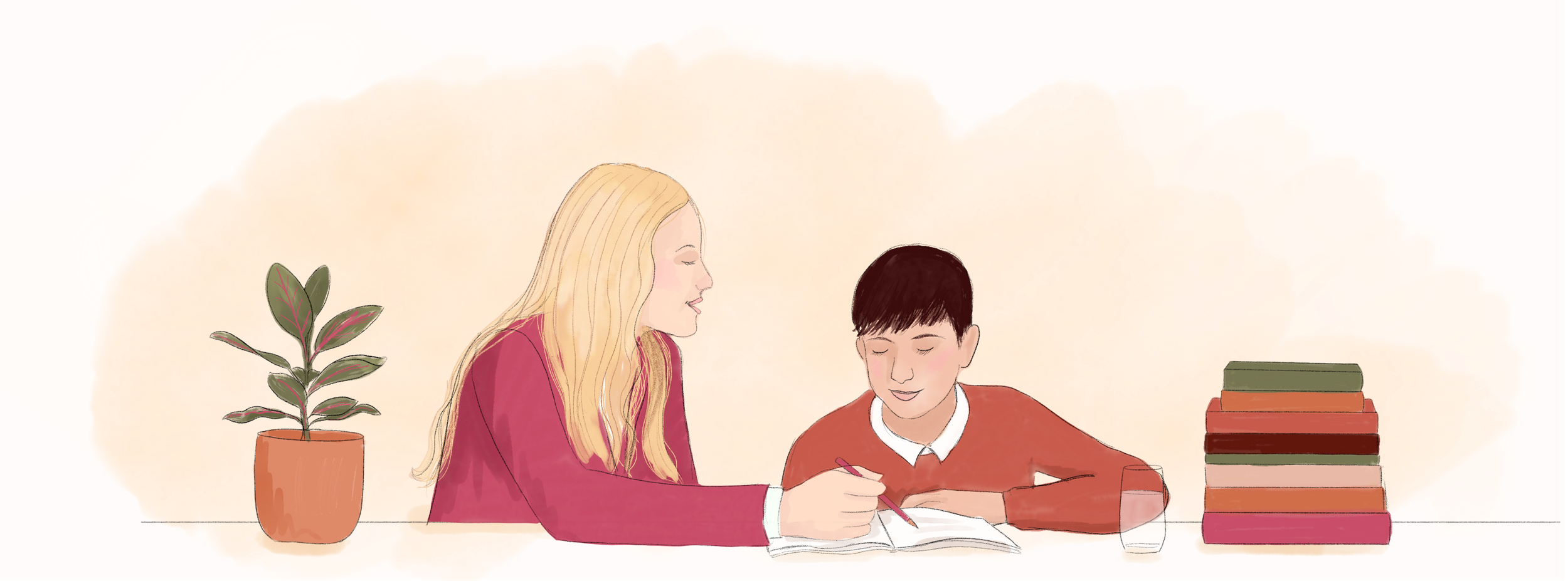 tutor and student studying with pot plant and pile of books
