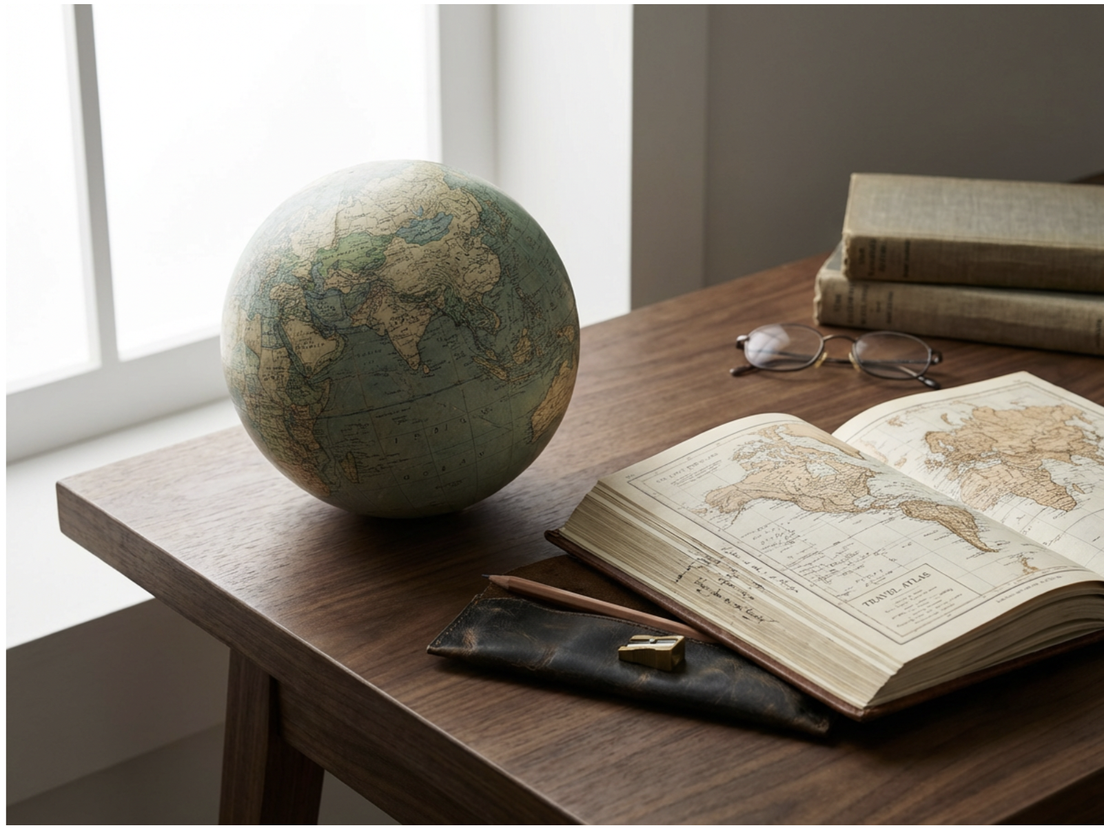 A vintage globe, a pair of reading glasses, old books, an open world atlas, a pen, and a small leather pouch on a wooden table near a window.