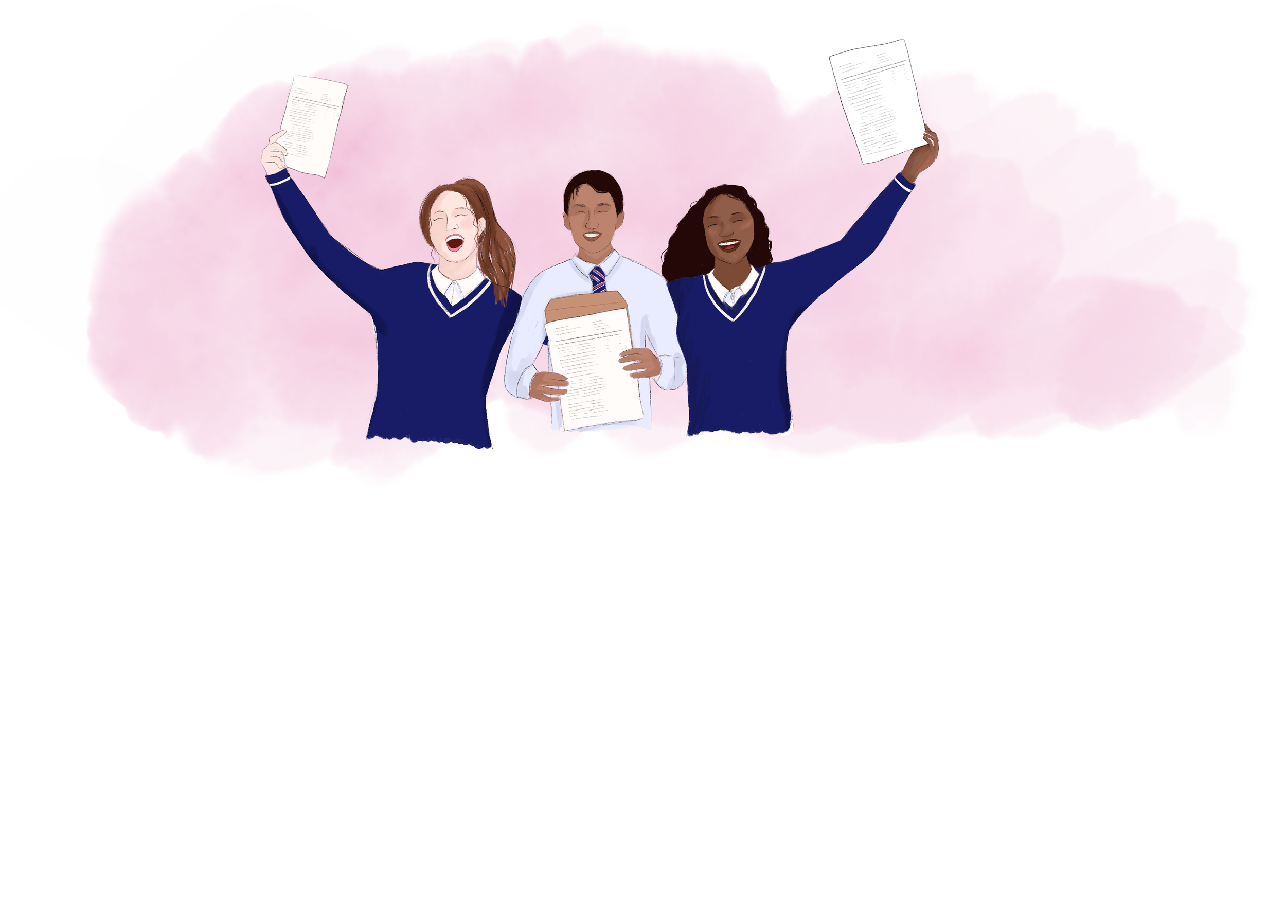 Three students in school uniforms celebrating with raised arms, holding papers, in front of a pink background.