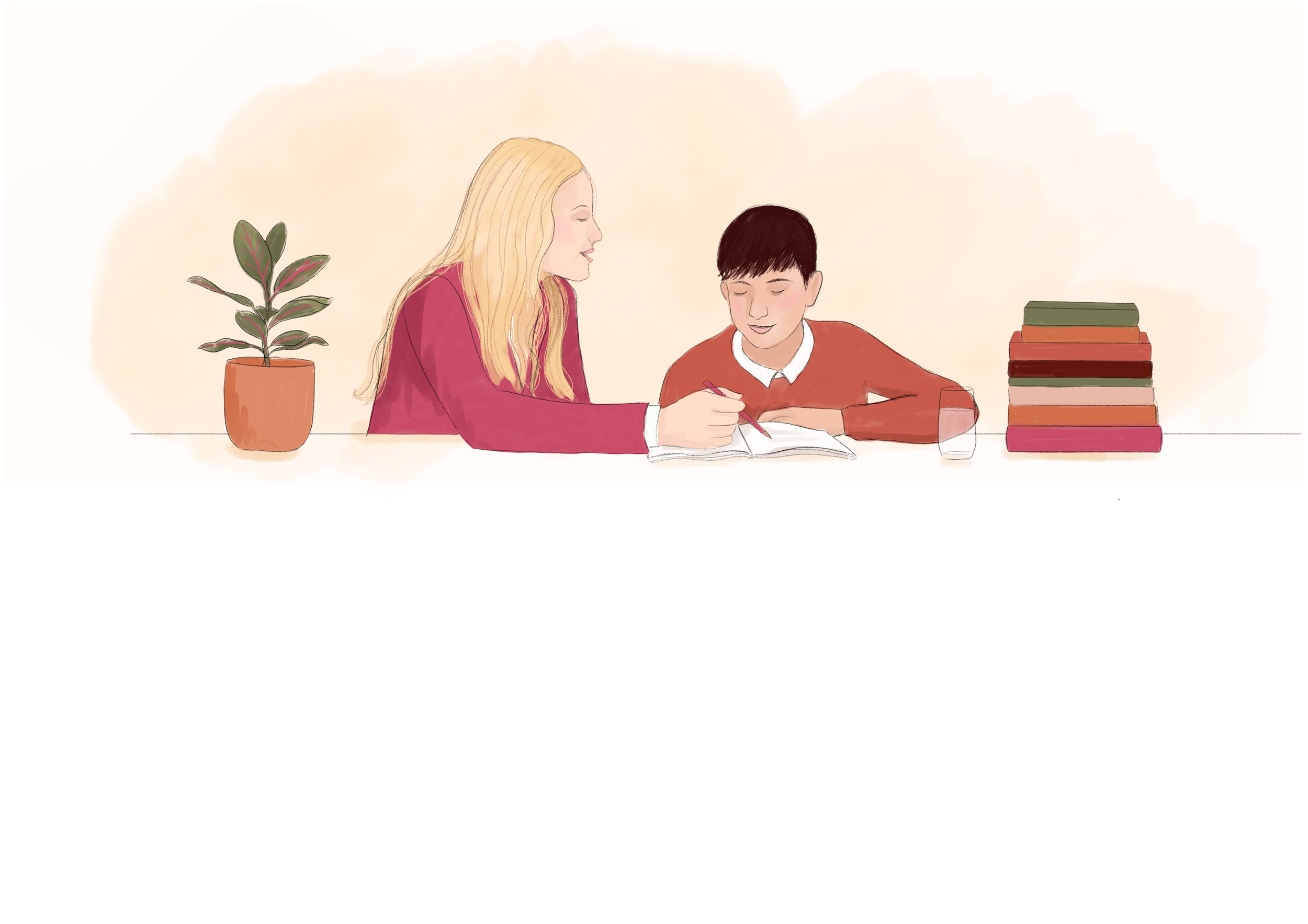 A woman and a boy sitting at a table, engaged in studying or reading. There is a potted plant on the left and a stack of books on the right.