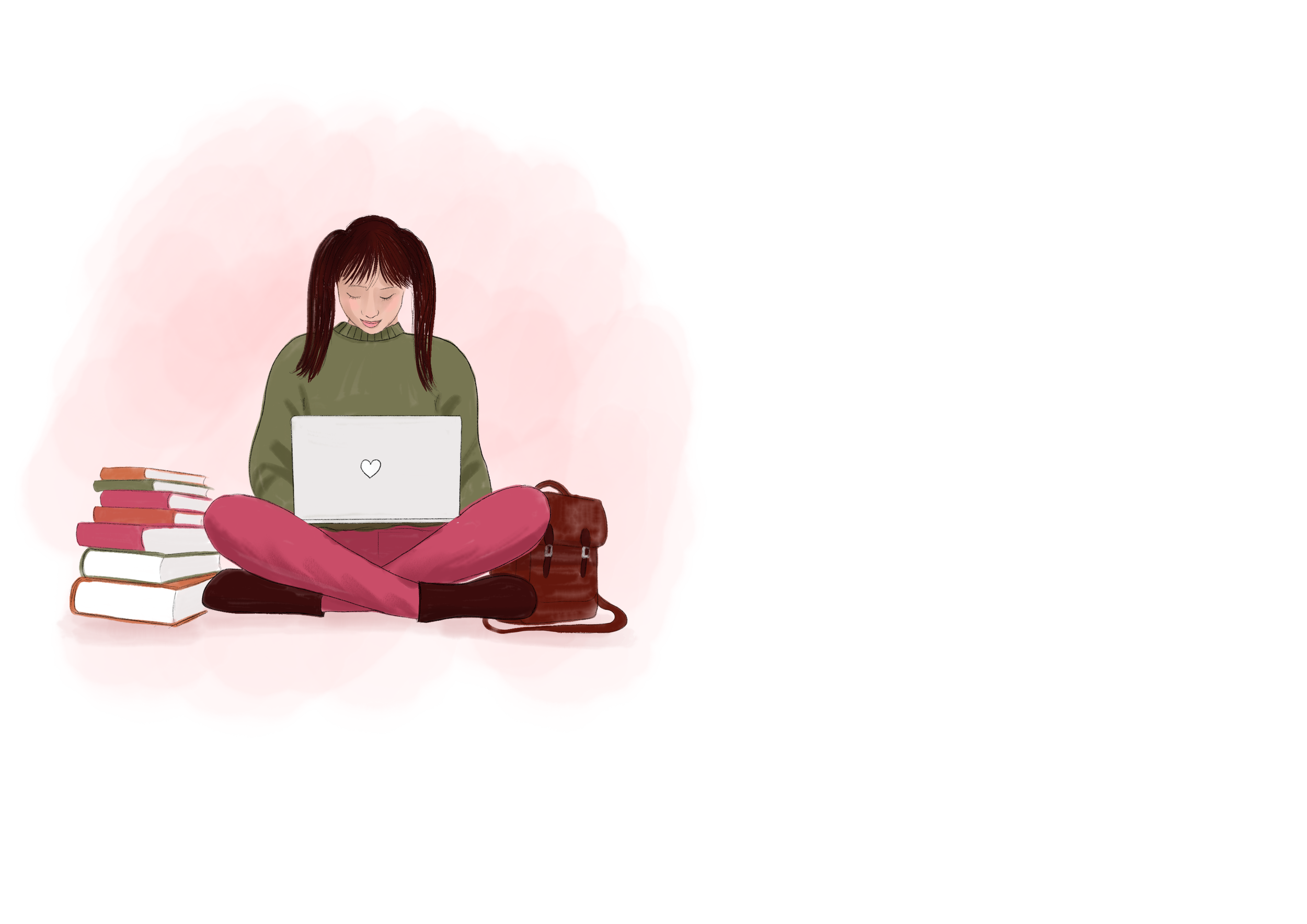A girl with red hair sitting cross-legged on the floor using a laptop. She is surrounded by a stack of books, a backpack, and a pink fluffy background.