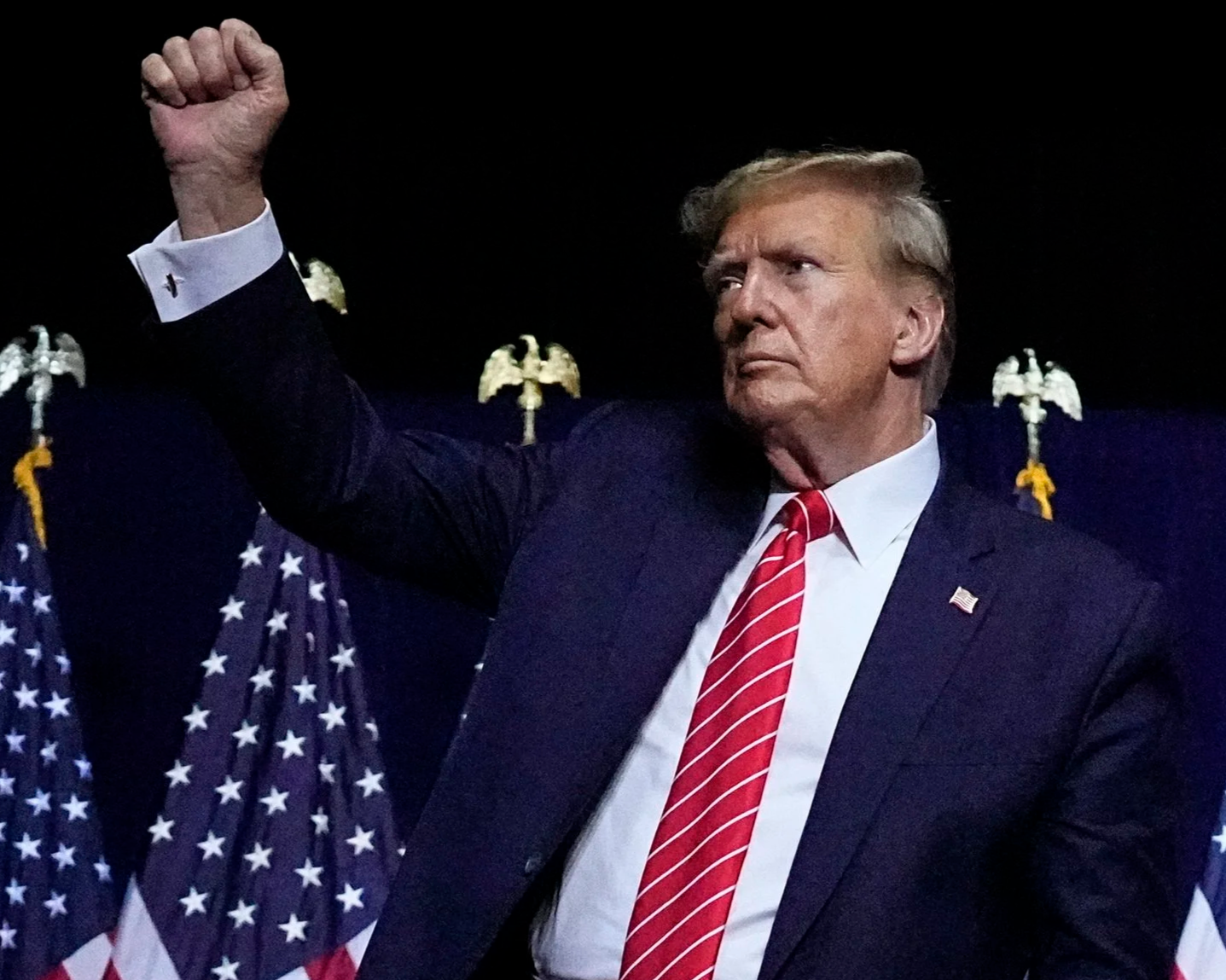 A man in a suit with a red and white striped tie, raising his right fist in the air at a political event, with American flags in the background.