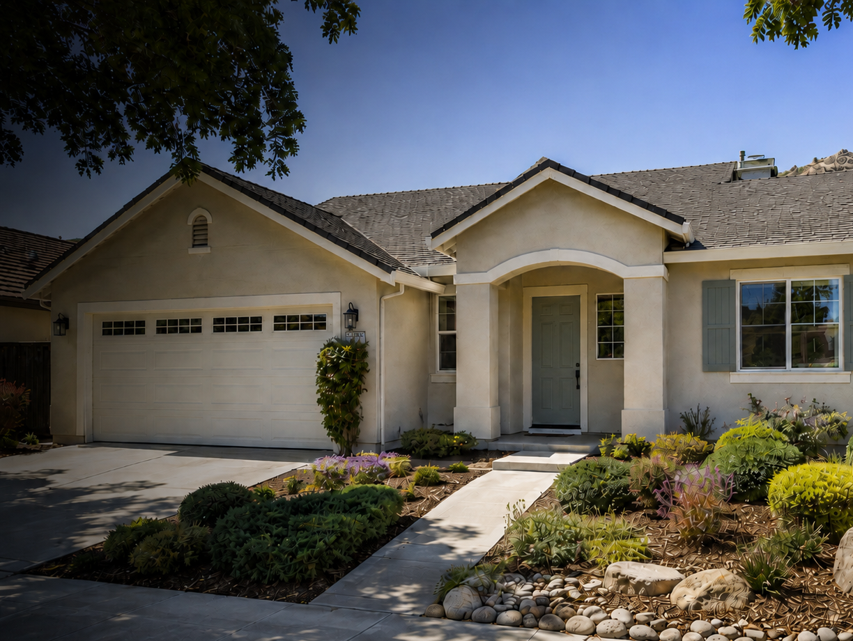 Front view of a beige suburban house with a two-car garage, a small porch, and a new paint job on a stucco house.