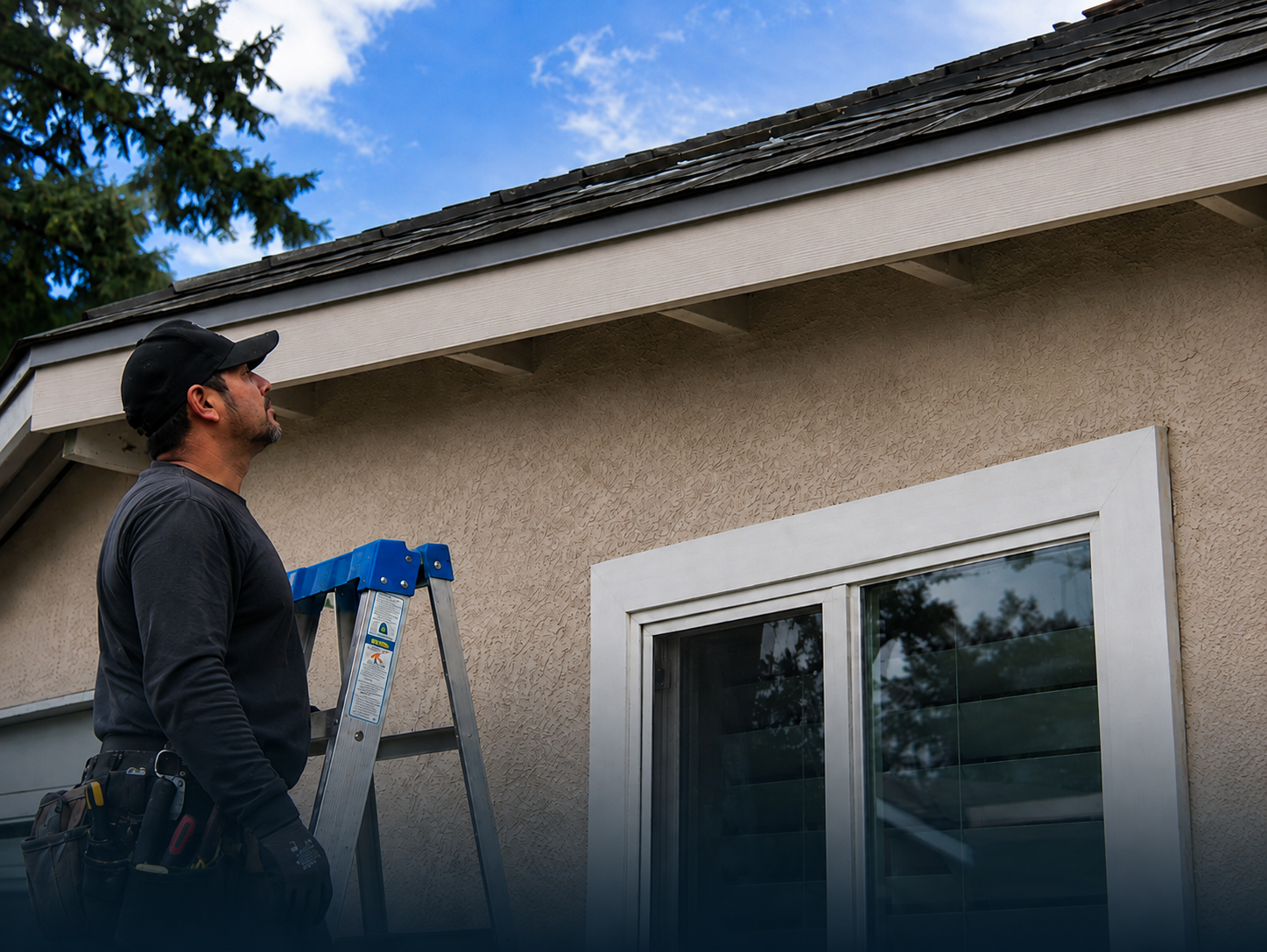Man inspecting fascia board replacement on a house while standing on a ladder outside.
