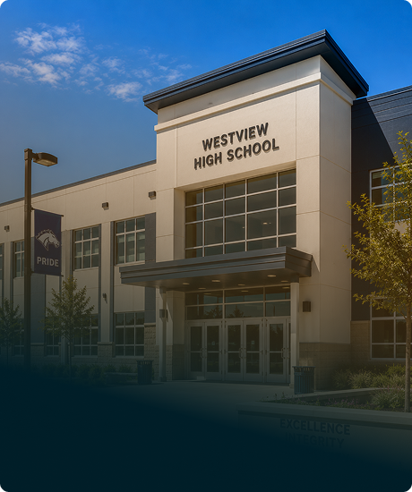 The exterior of Westview High School with a modern facade, large windows, and a sign displaying the school name, under a clear blue sky.