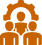 A stylized icon of three people with a circle background