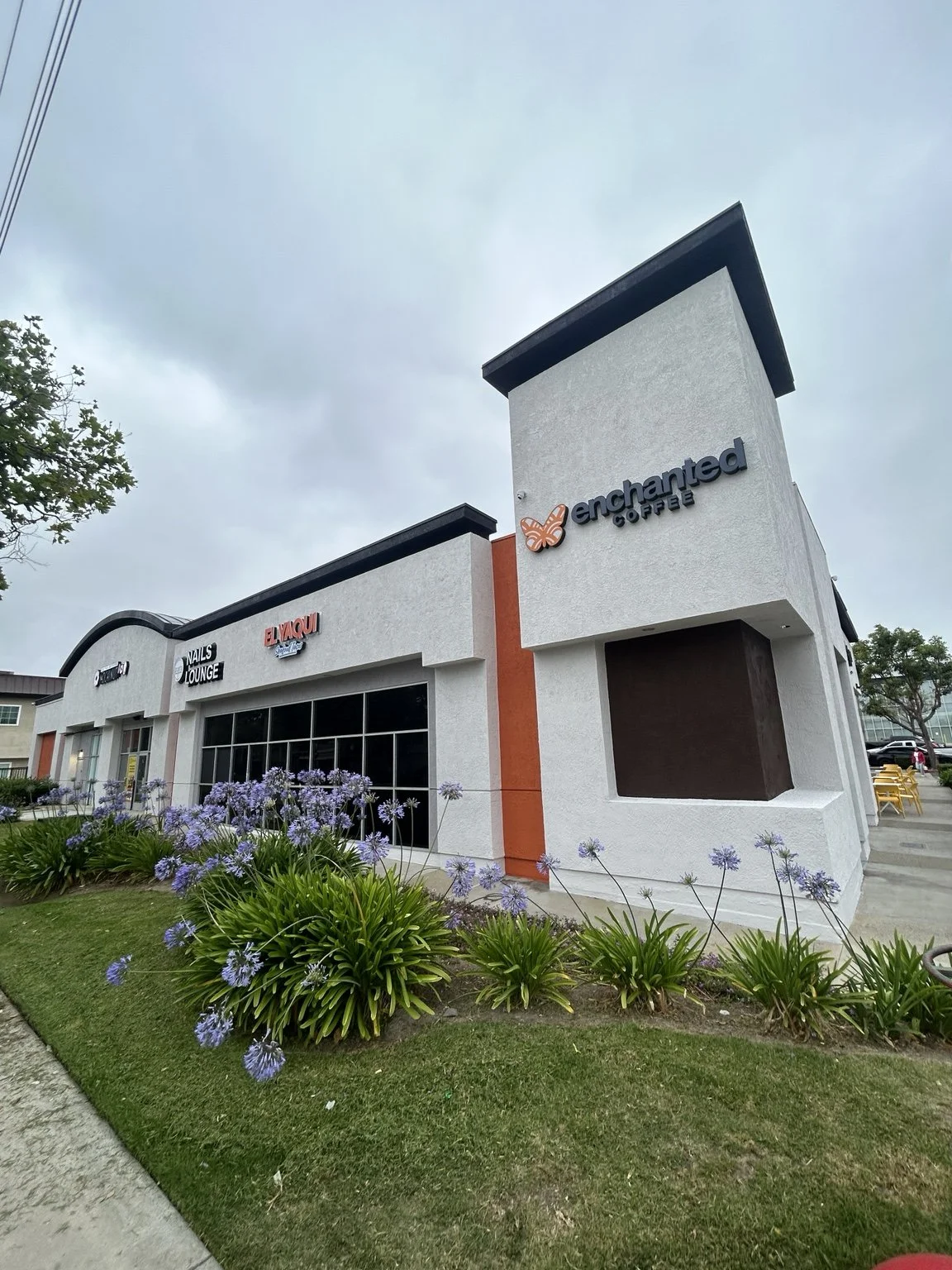 A shopping plaza with various storefront signs, including 'Enchanted Coffee,' 'Nails Lounge,' and 'El Yaqui.' There are purple flowers and green bushes in the foreground, and a cloudy sky overhead.