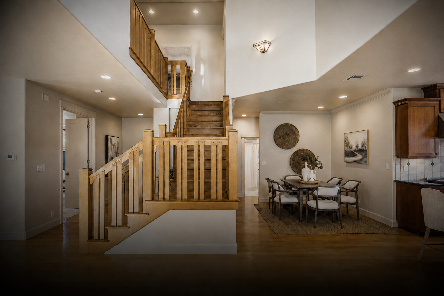 Interior of a modern home with a wooden staircase, dining area with a dark wood table and white chairs, artwork on the walls, and a kitchen corner with warm lighting.