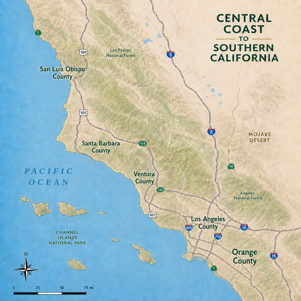 Map showing central coast to southern California, including counties Santa Barbara, Ventura, Los Angeles, and Orange, with major highways, national forests, and nearby Channel Islands.