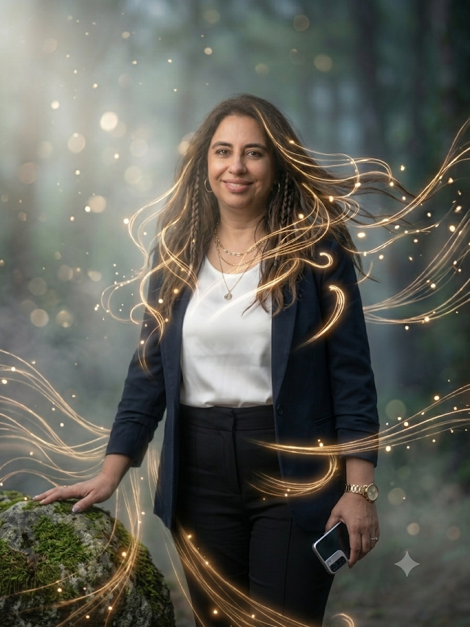 Woman standing outdoors in a forest, wearing a navy blazer and white top, with long hair flowing and holding a smartphone, surrounded by swirling golden light effects.