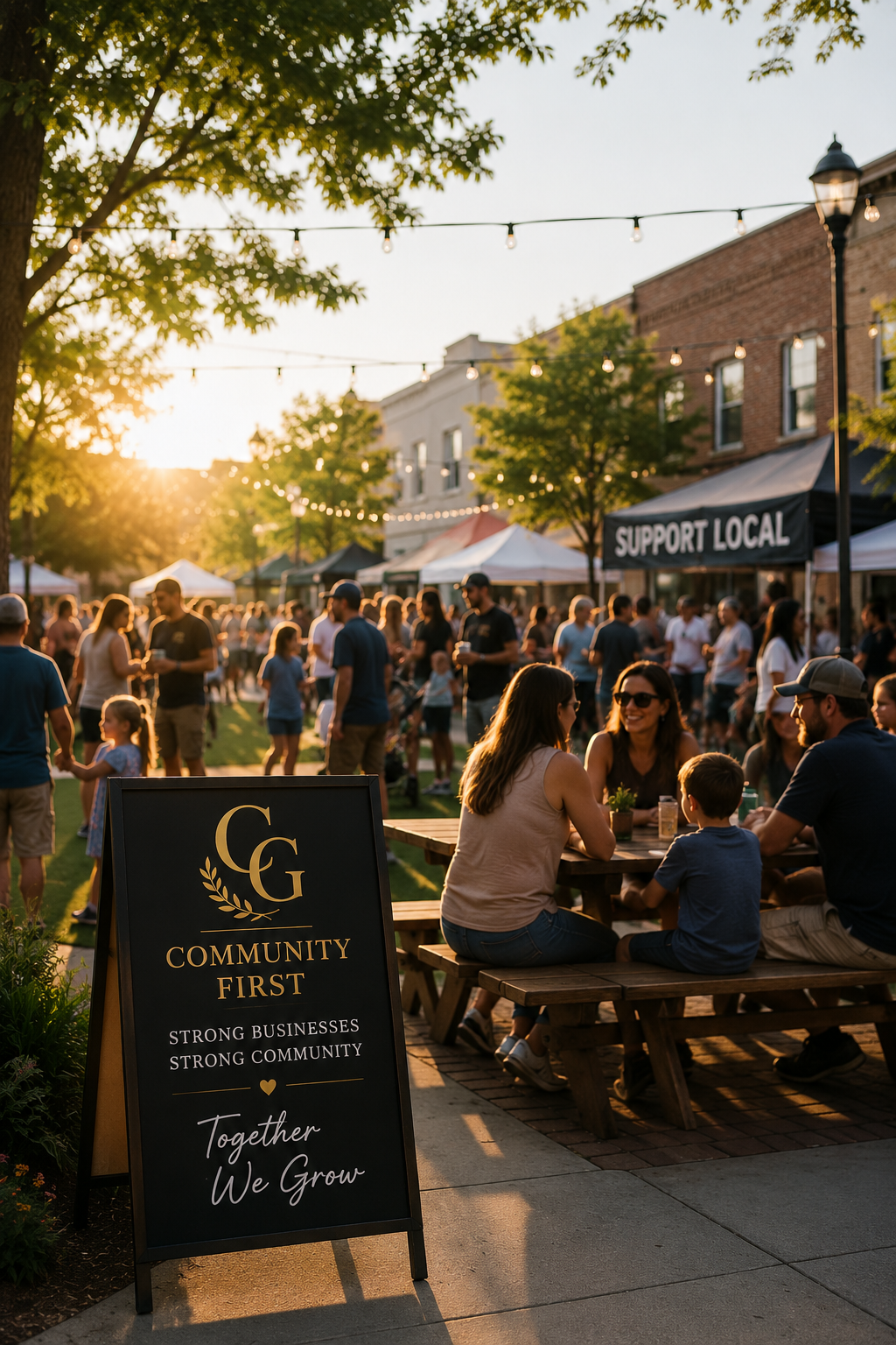 People enjoying an outdoor community event during sunset with food vendors, tents, and string lights, with a sign that reads 'Community First: Strong Businesses, Strong Community, Together We Grow.'