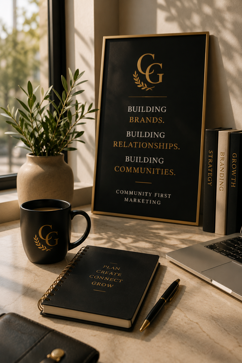 A desk setup with a black mug, a black notebook, a gold and black pen, a silver laptop, and a framed sign with gold and white text about building brands, relationships, and communities. There is also a potted plant with green leaves by a window and a row of books with similar themes.