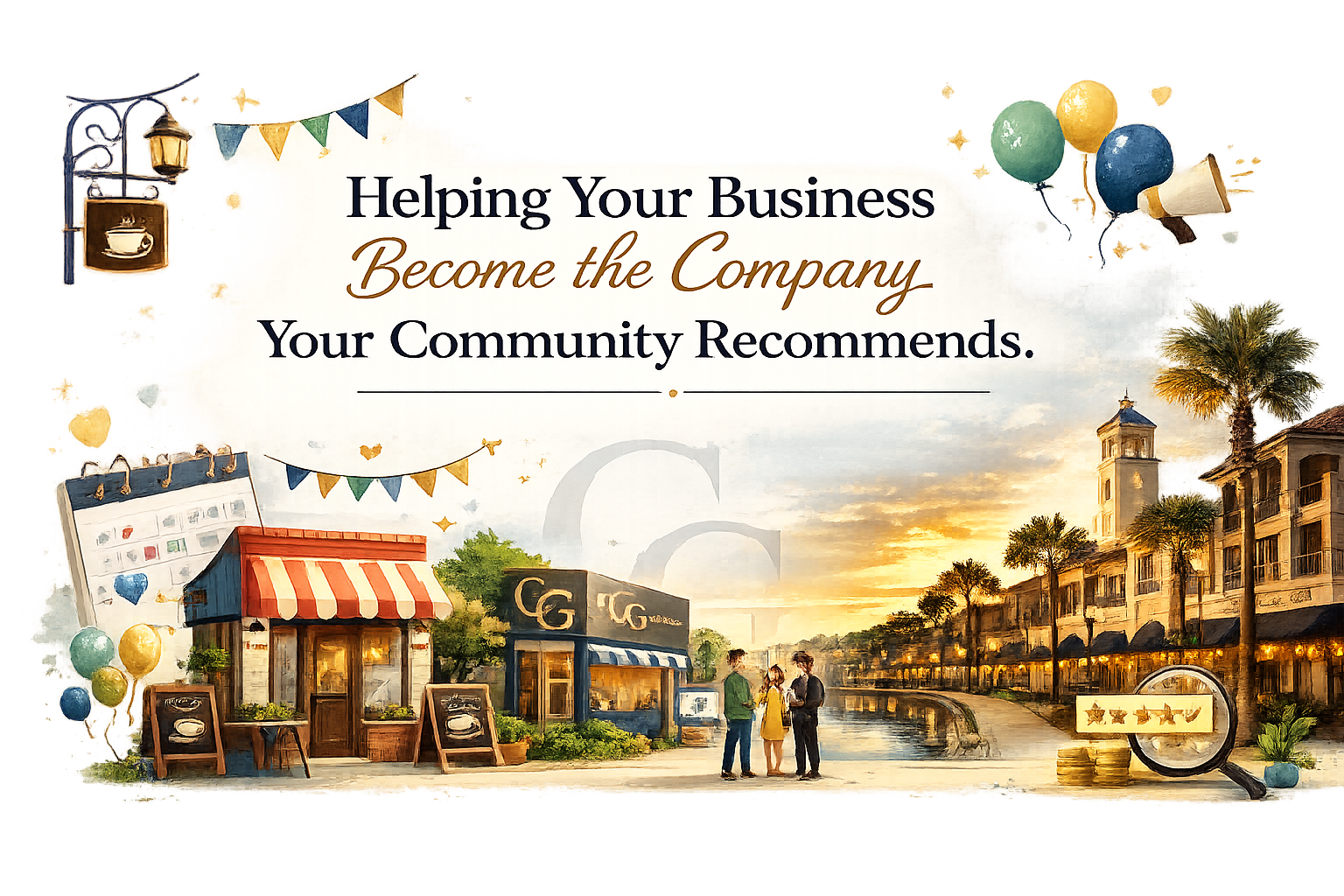 A scenic outdoor shopping area during sunset with buildings, palm trees, balloons, a small crowd, and decorative banners. The overlay contains promotional text about helping your business become known in the community.