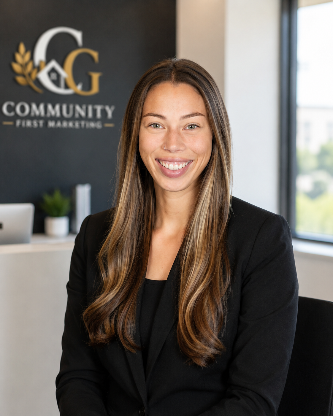 A smiling woman with long brown hair and a nose piercing, sitting in an office with a black wall behind her that displays the logo 'Community First Marketing.' There is a small plant and a laptop on a table in the background, and a window letting in natural light.