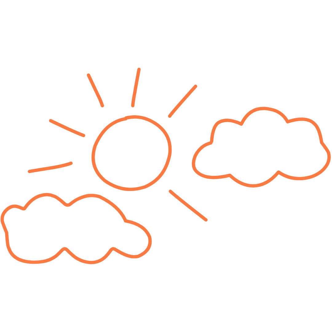Drawing of a sun with rays and two clouds in orange outline on a black background.