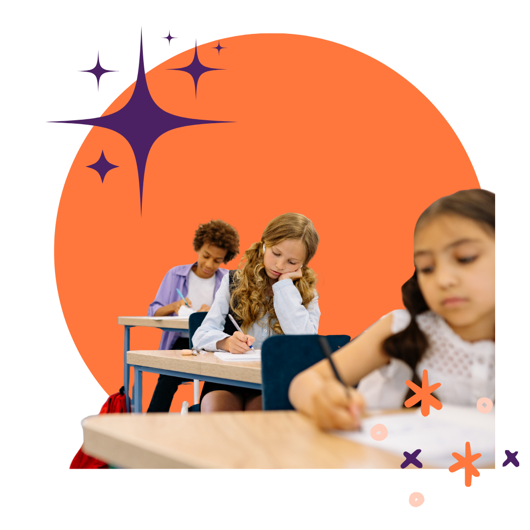 Three elementary school students sitting at desks in a classroom, working on assignments, with a vibrant orange background and decorative stars.