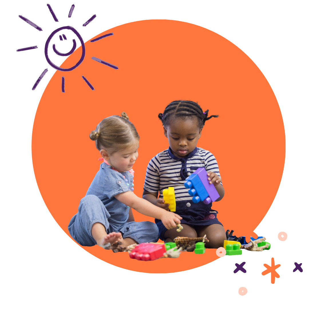 Two young girls sitting on the floor playing with colorful toys against an orange background with a hand-drawn sun in the top left corner.