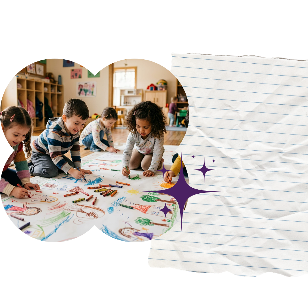 Children drawing and coloring on large sheet of paper in a classroom.