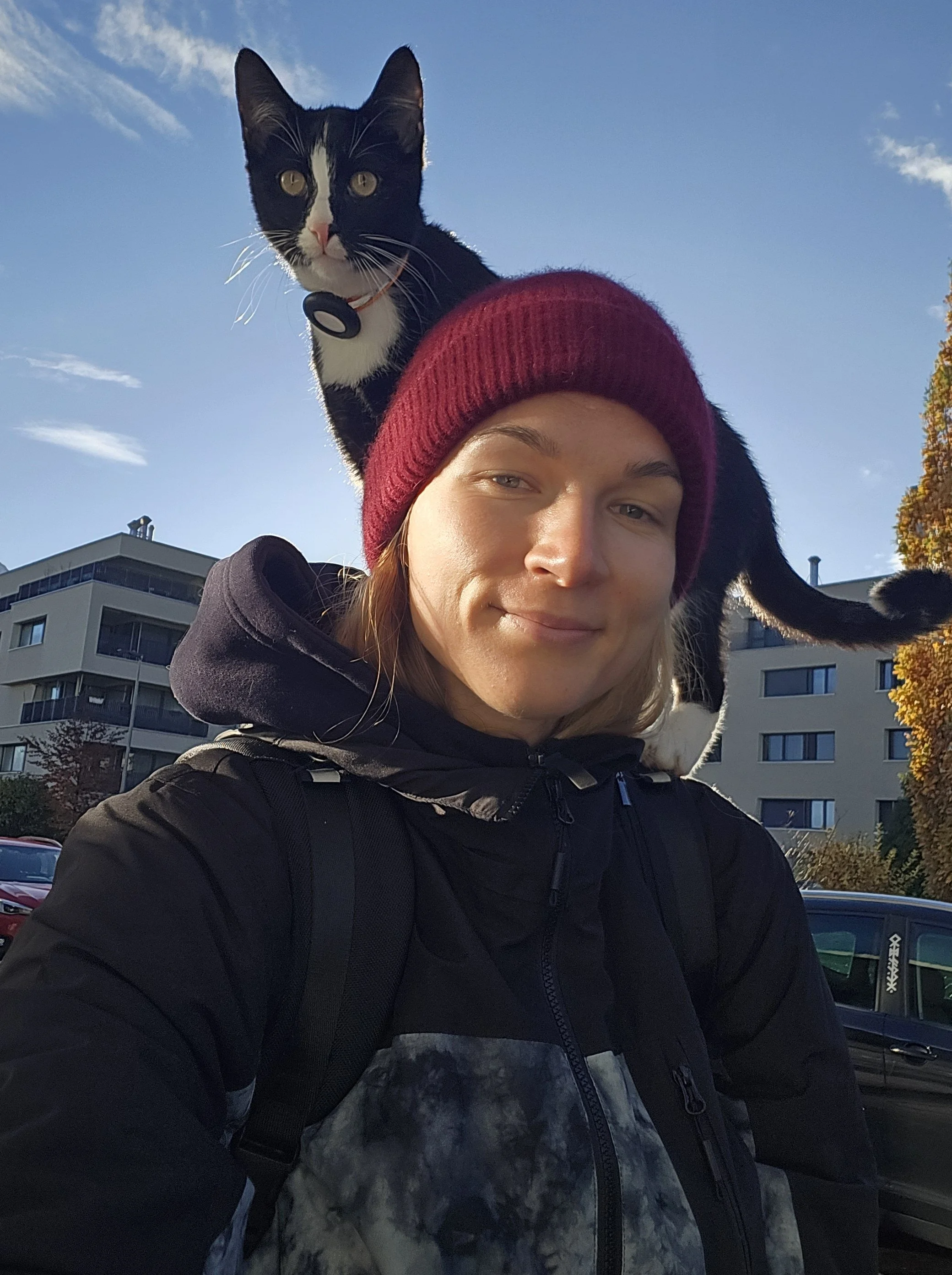 A person with a red beanie hat and black jacket carrying a black and white cat on their shoulder outside on a sunny day.