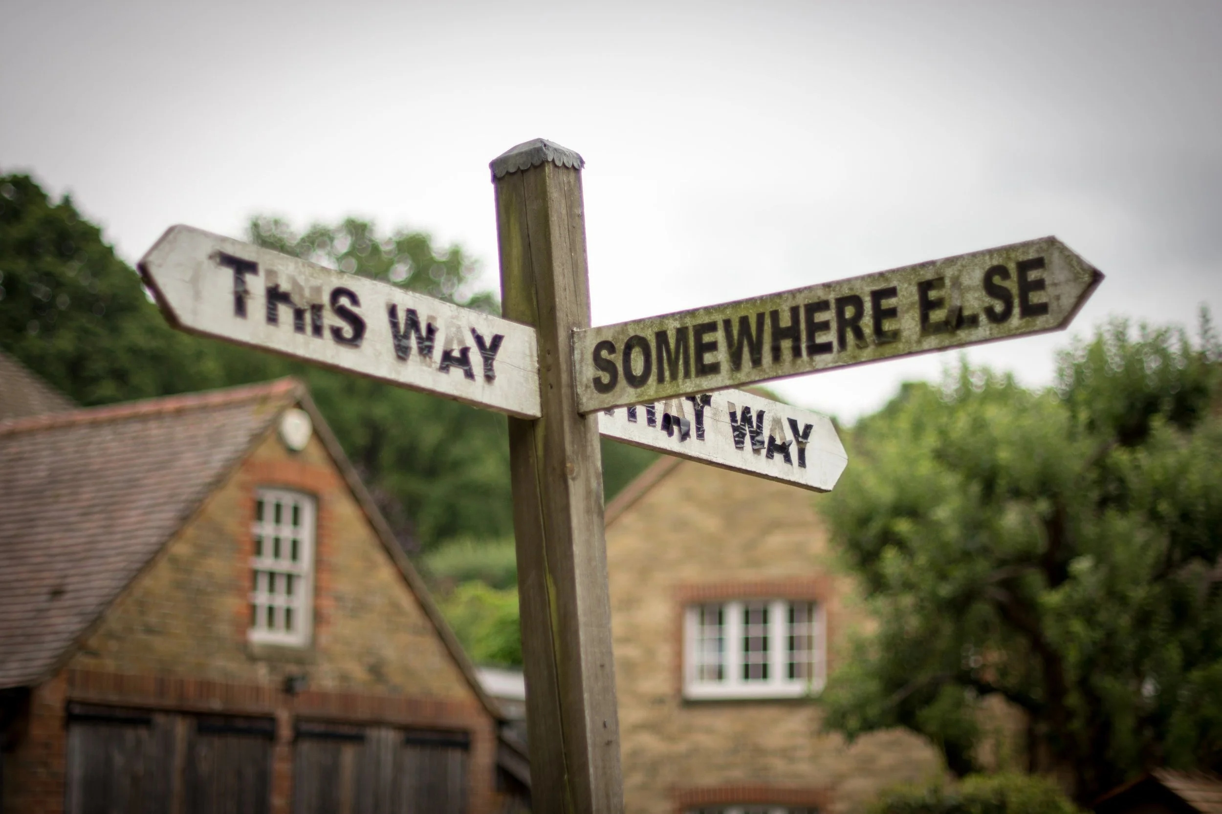 A wooden street sign with two arrows pointing in opposite directions. The arrows say "THIS WAY", "THAT WAY and  "SOMEWHERE ELSE." In the background, there are brick houses and green trees, under a cloudy sky.