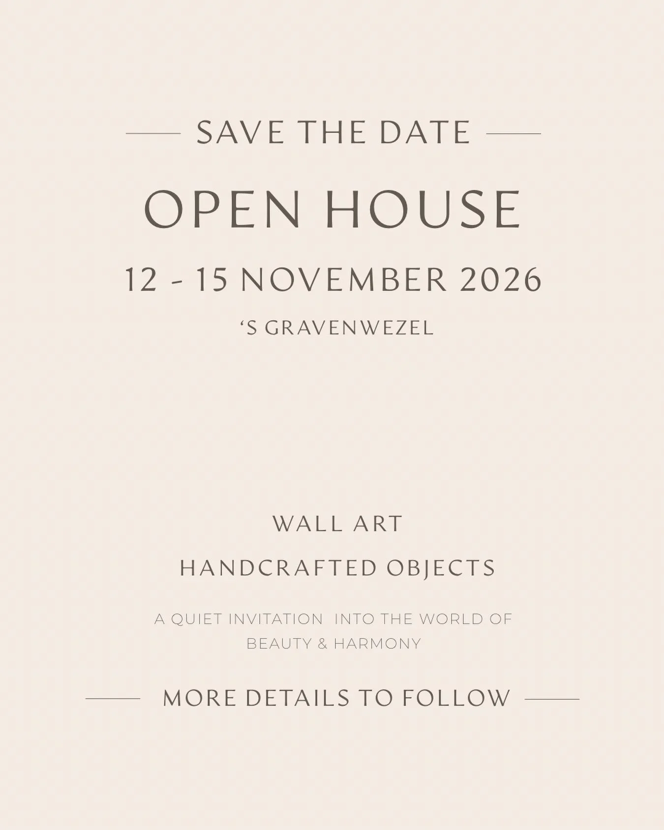 I&rsquo;m opening my home for a few special days this November.

Come and discover new work, handcrafted objects and the world behind Miyabi Elements in an intimate setting in &rsquo;s-Gravenwezel.

12 &mdash; 15 November 2026

More details soon.
I h