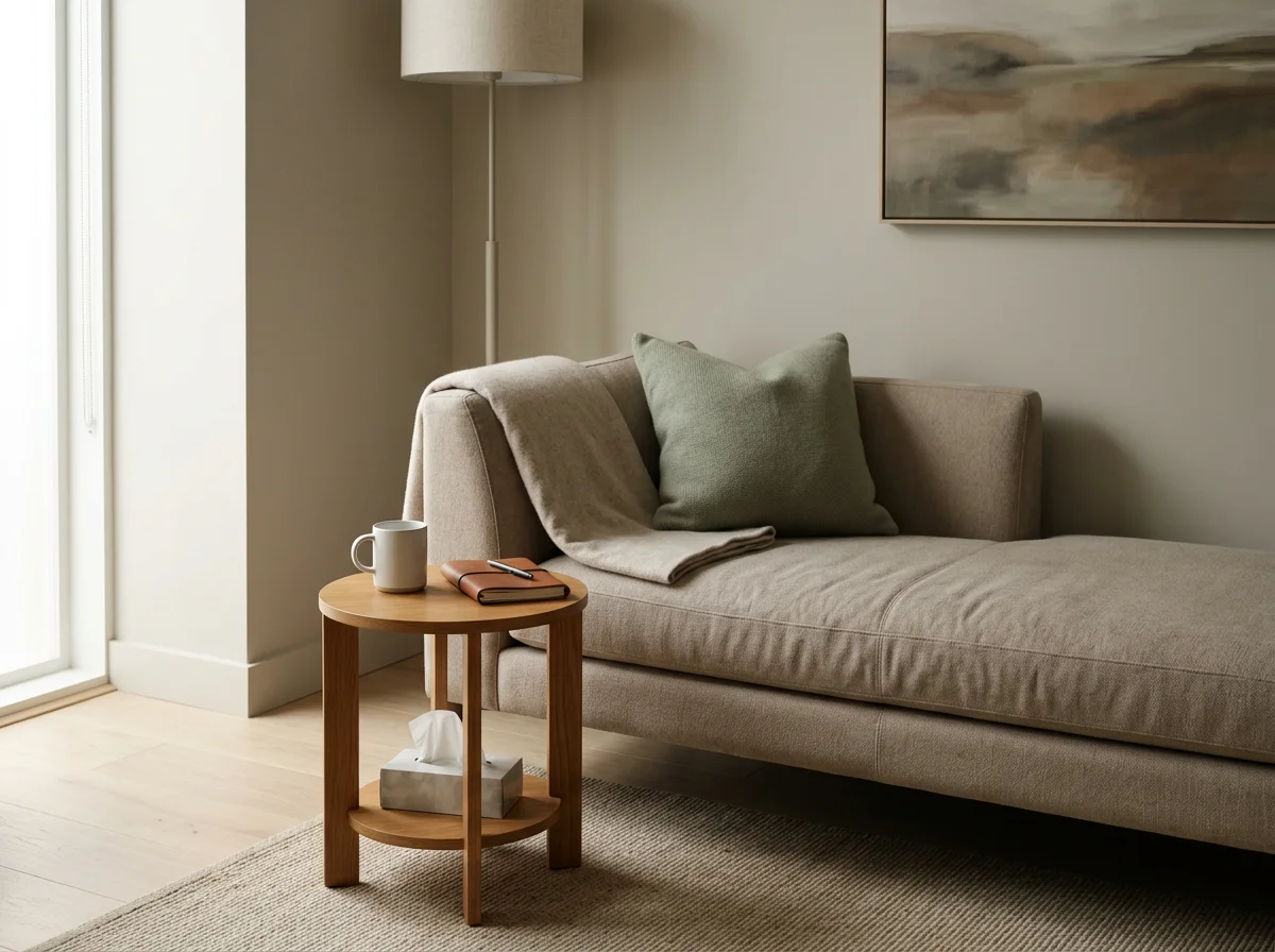 A cozy living room corner with a beige sofa, green pillow, throw blanket, wooden side table with a coffee mug, notebook, and pen, a tissue box underneath, a floor lamp, and a landscape painting on the wall.