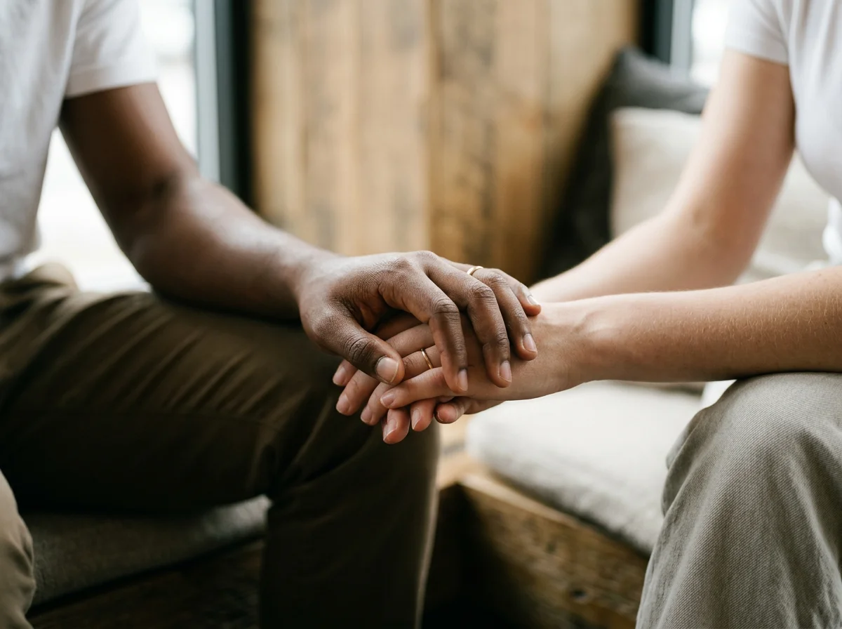 Two people sitting close, holding hands.