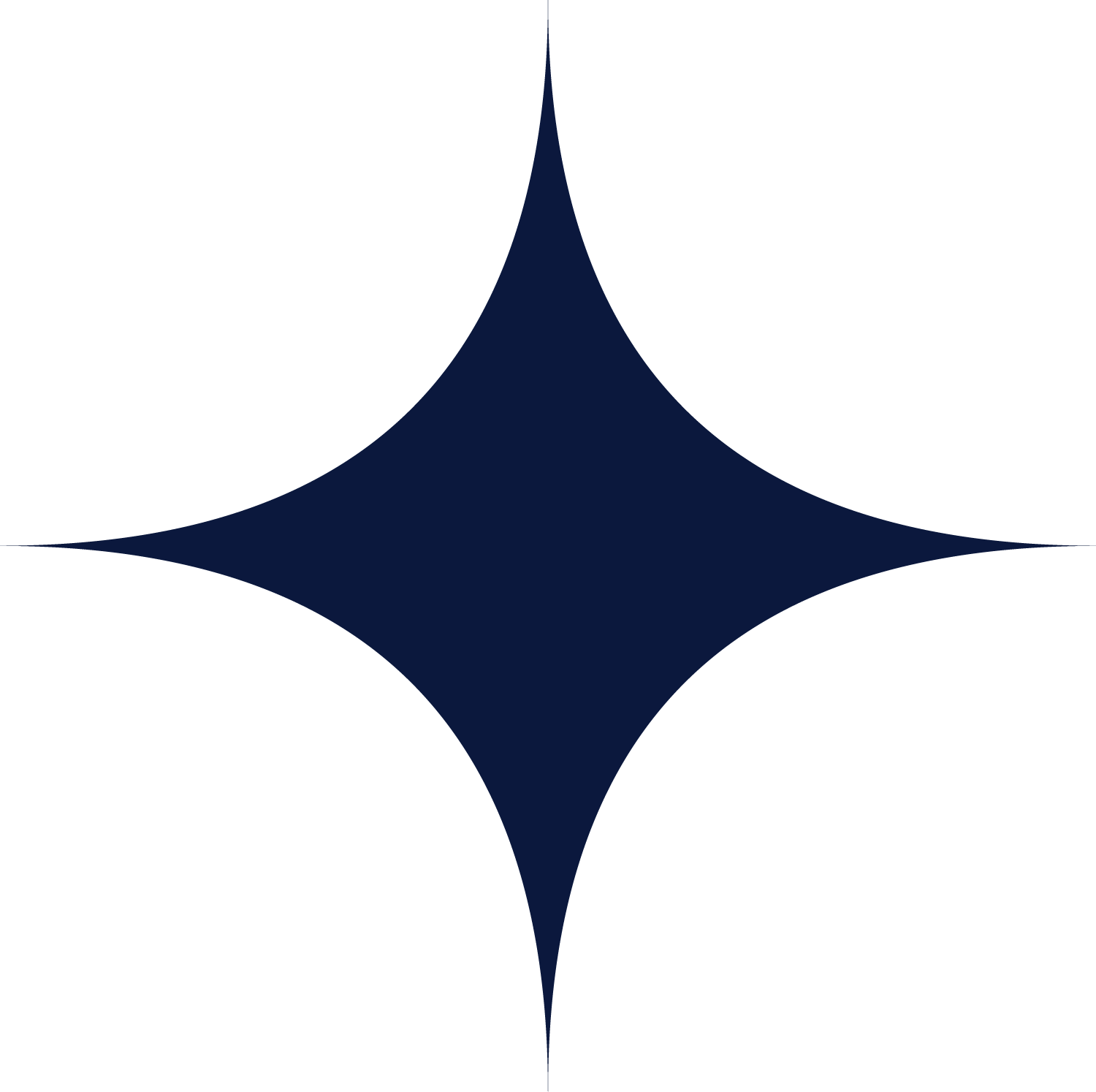 A dark blue, symmetrical star-shaped symbol with four pointed ends, centered on a white background.