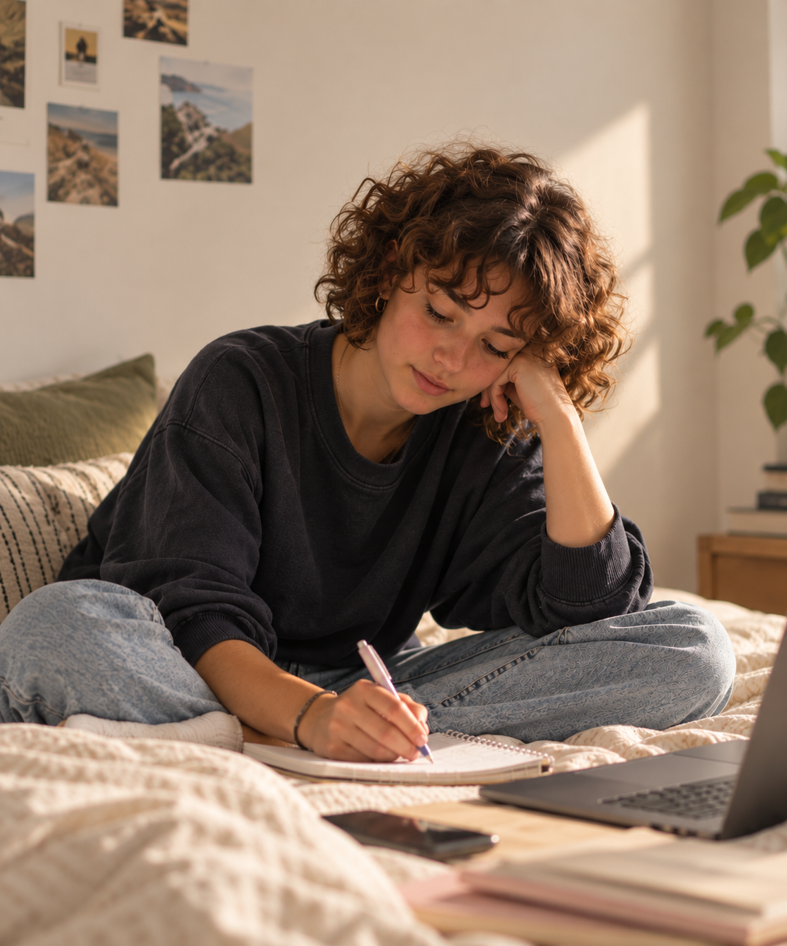 Adolescente tomando notas en la cama