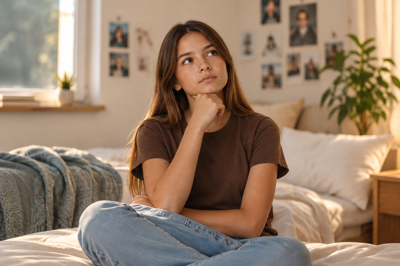 Adolescente en su cama pensativa