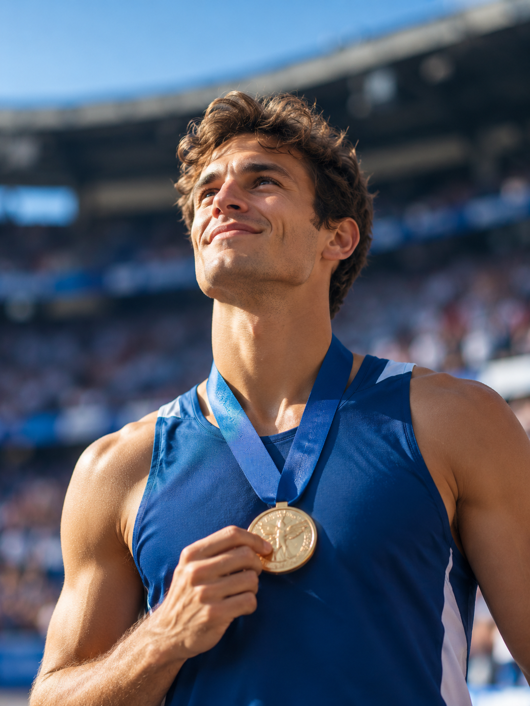 Deportista celebrando el triunfo con una medalla