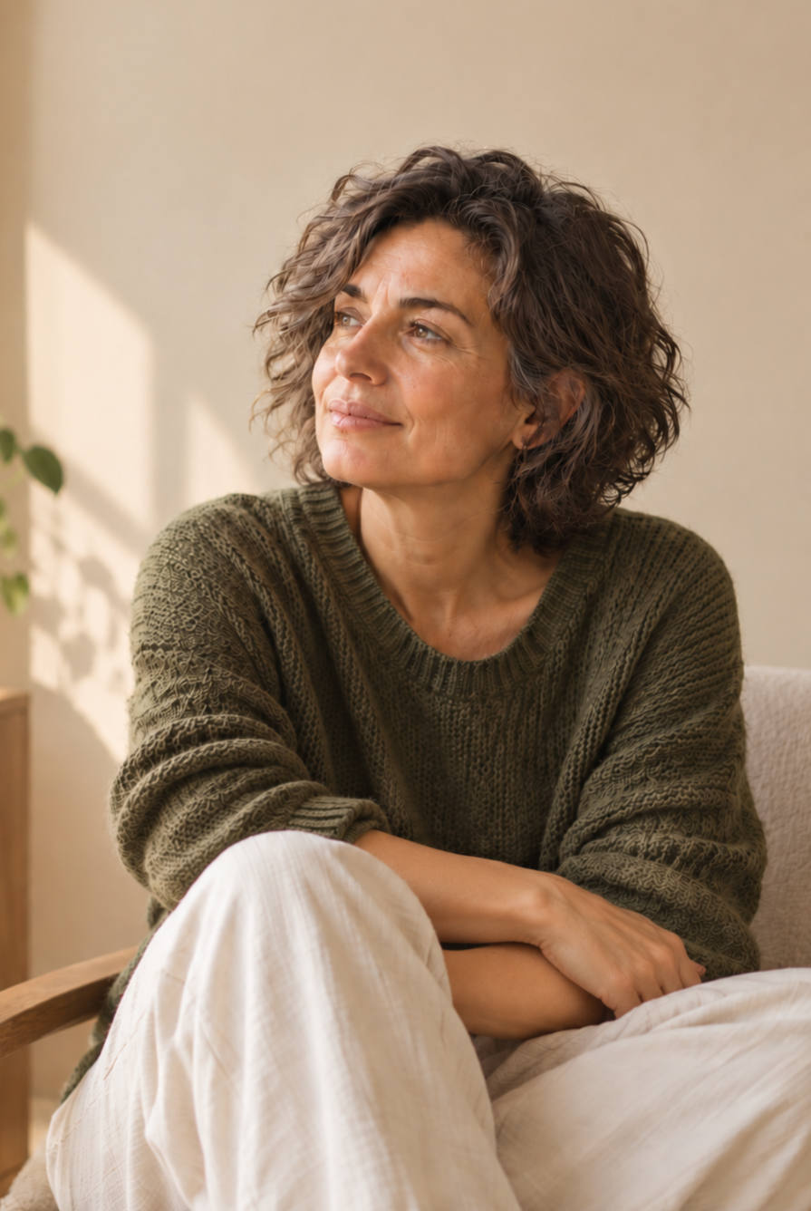 Mujer de mediana edad esperanzada mirando la ventana