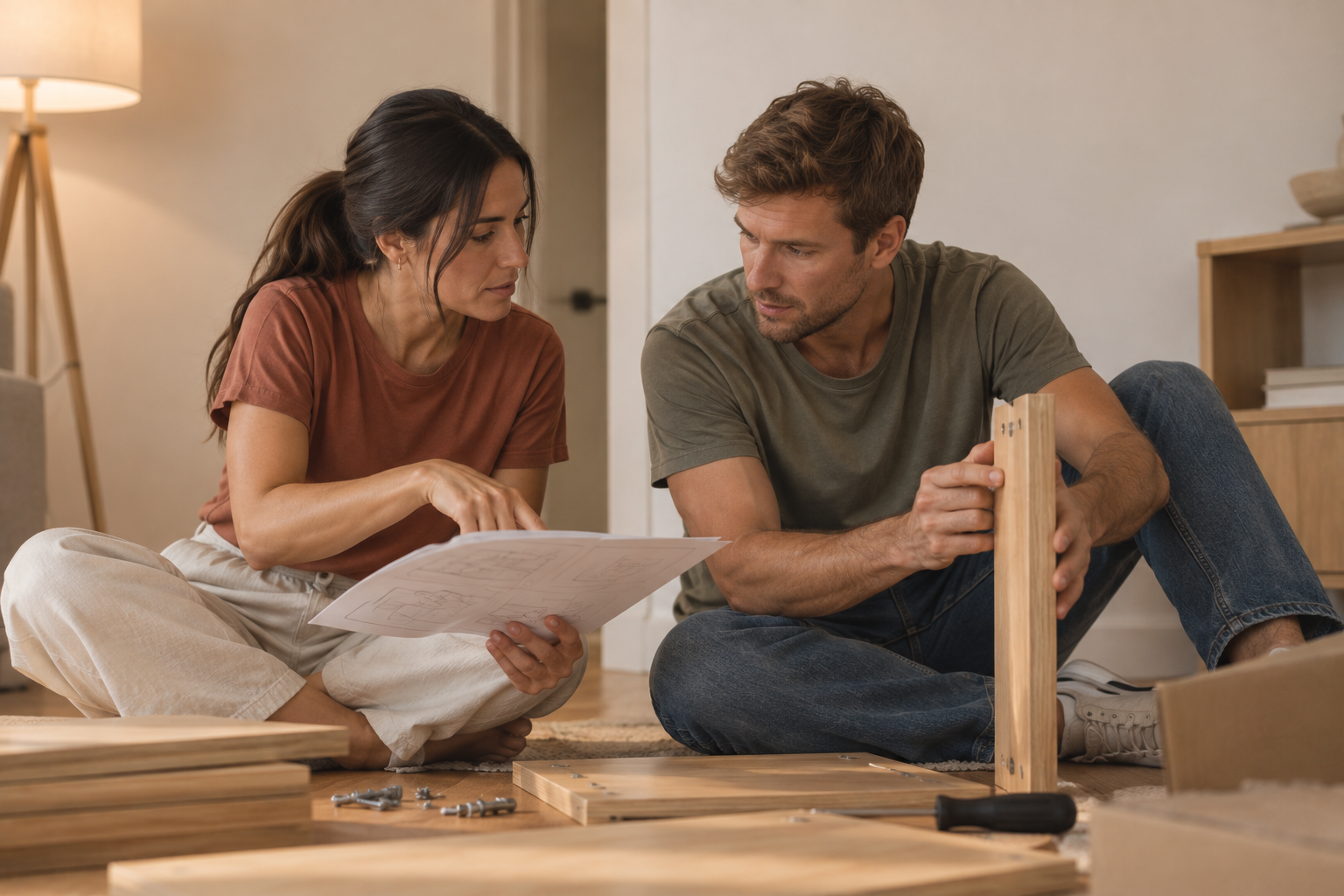 pareja jóven construyendo un mueble juntos