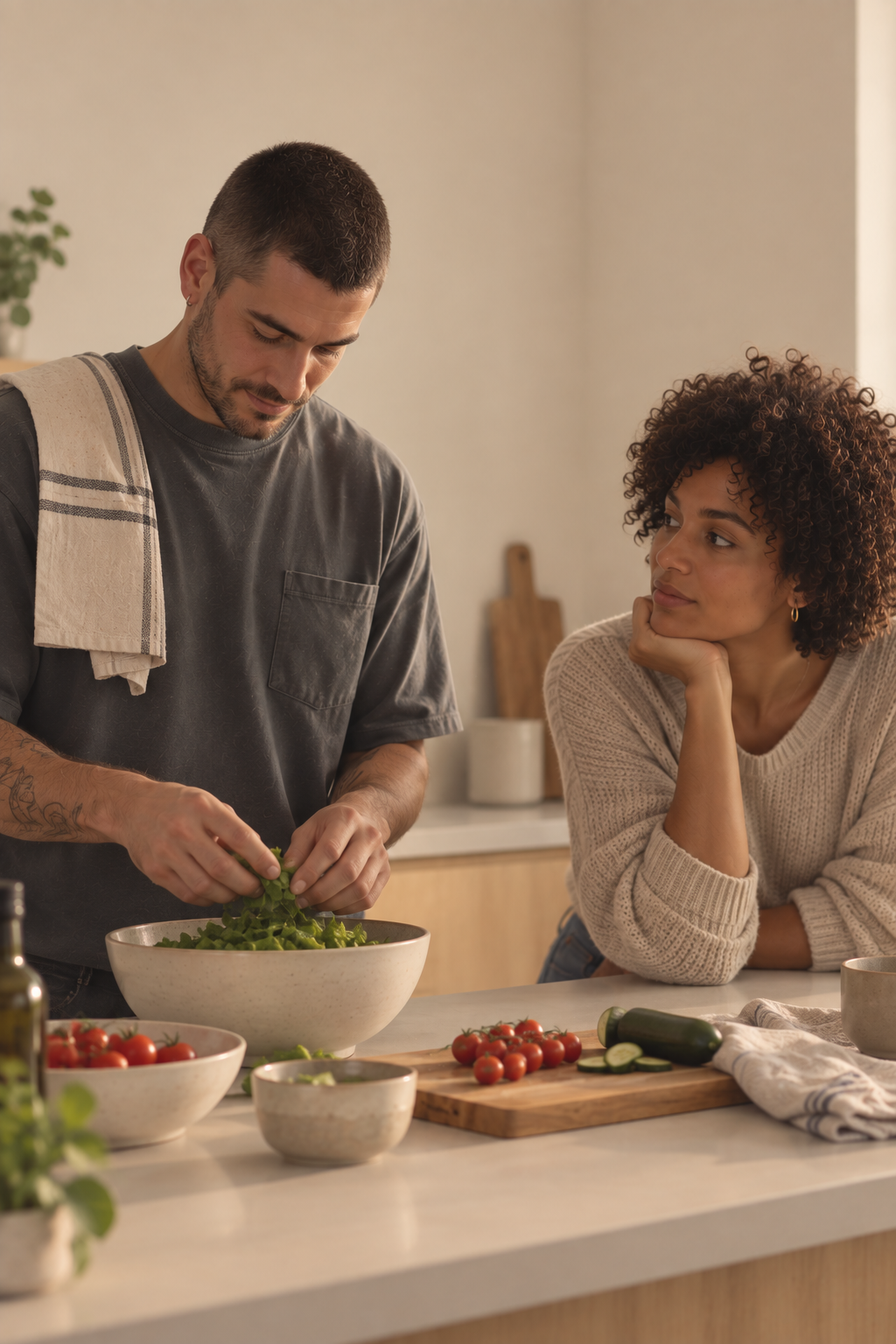pareja joven cocinando juntos