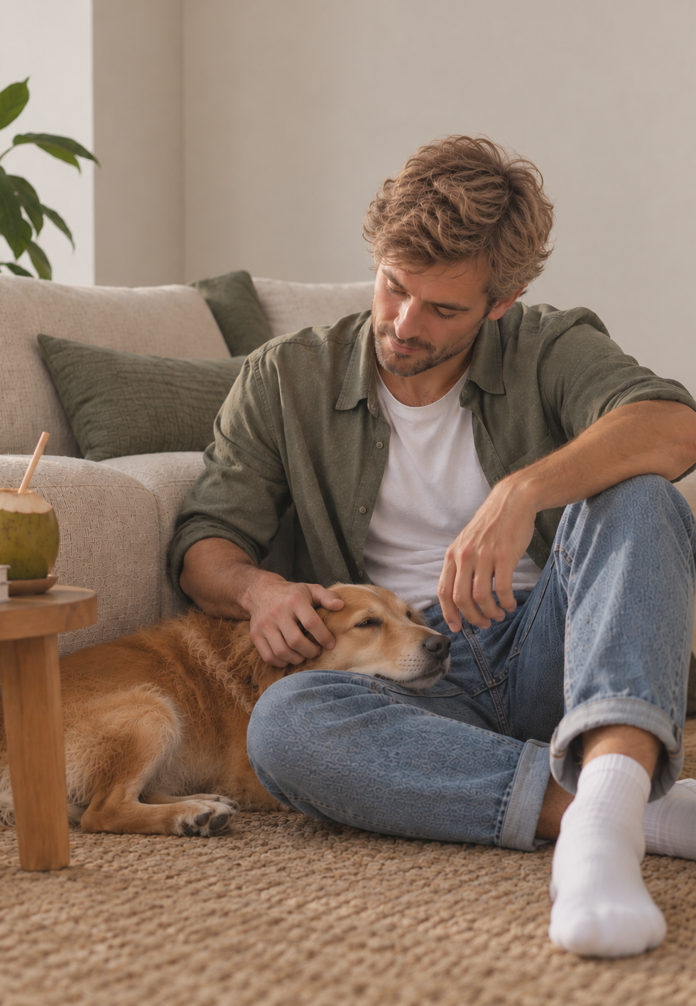 Hombre joven acariciando a su perro