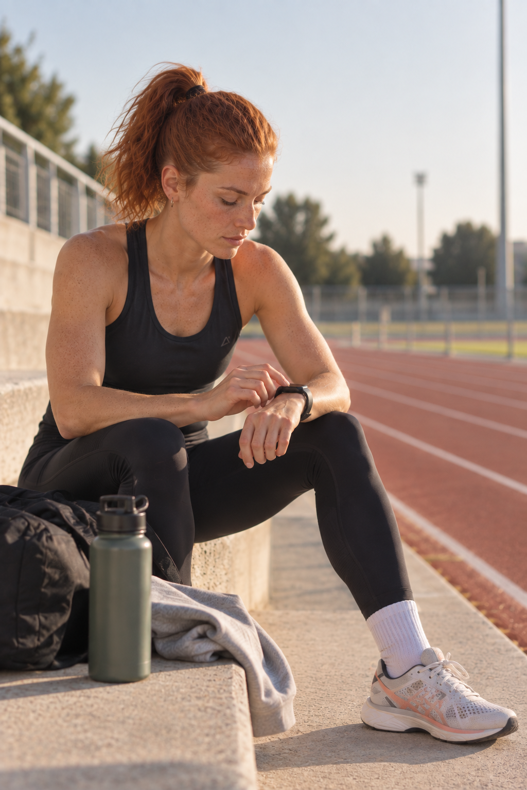 mujer joven ajustando su reloj antes de una sesión de deporte
