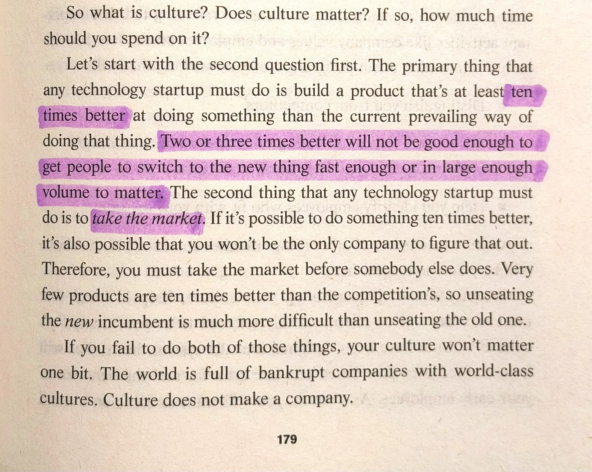 A page from a book discussing the importance of building superior products in technology startups. The text references the need to make products at least ten times better to succeed, with highlighted phrases such as 'ten times better,' 'two or three times better,' and 'take the market.' The page number at the bottom reads 179.