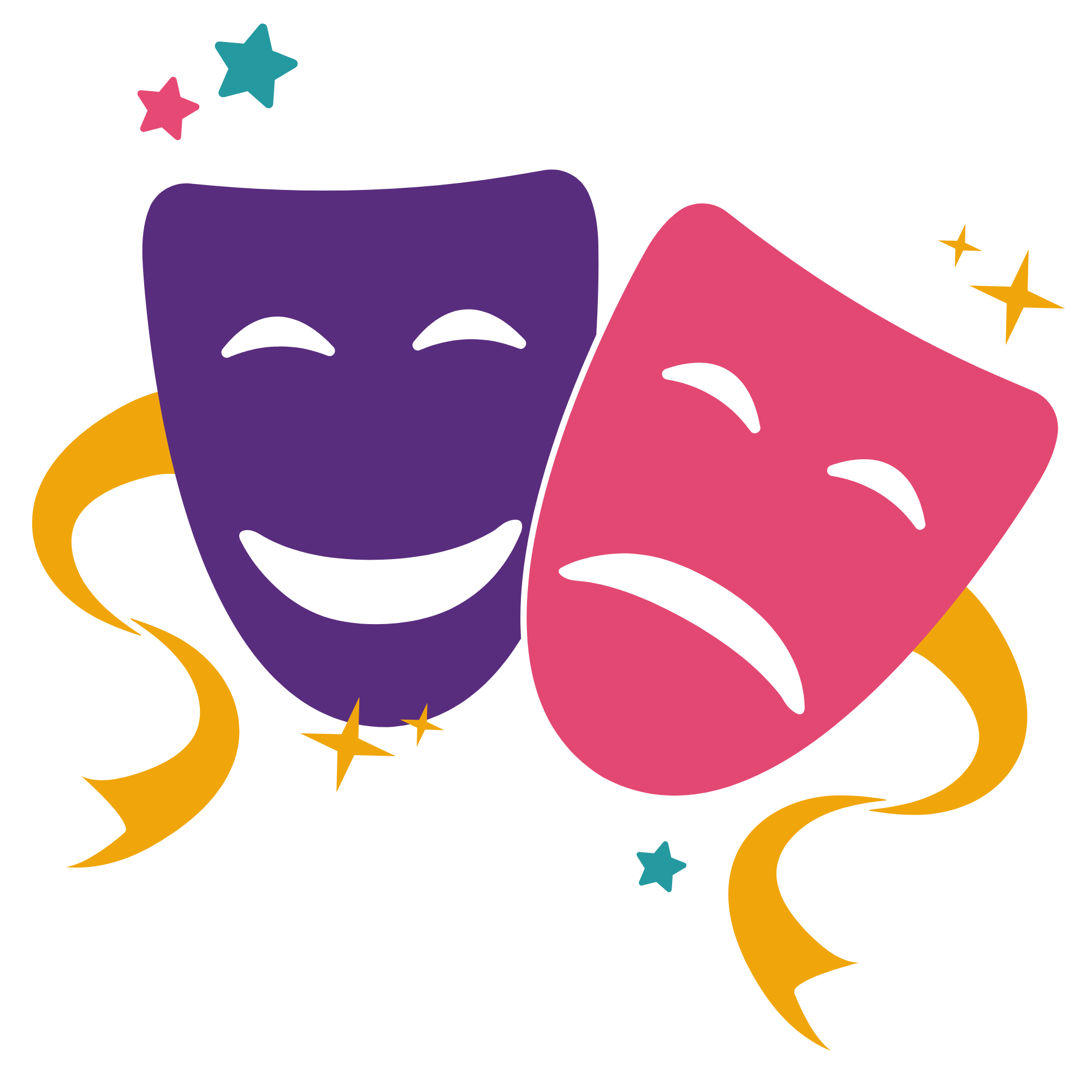 Two colorful theatrical masks, one purple and one pink, with expressive closed eyes, surrounded by yellow and blue stars and yellow swirling lines, conveying a celebratory or festive mood.