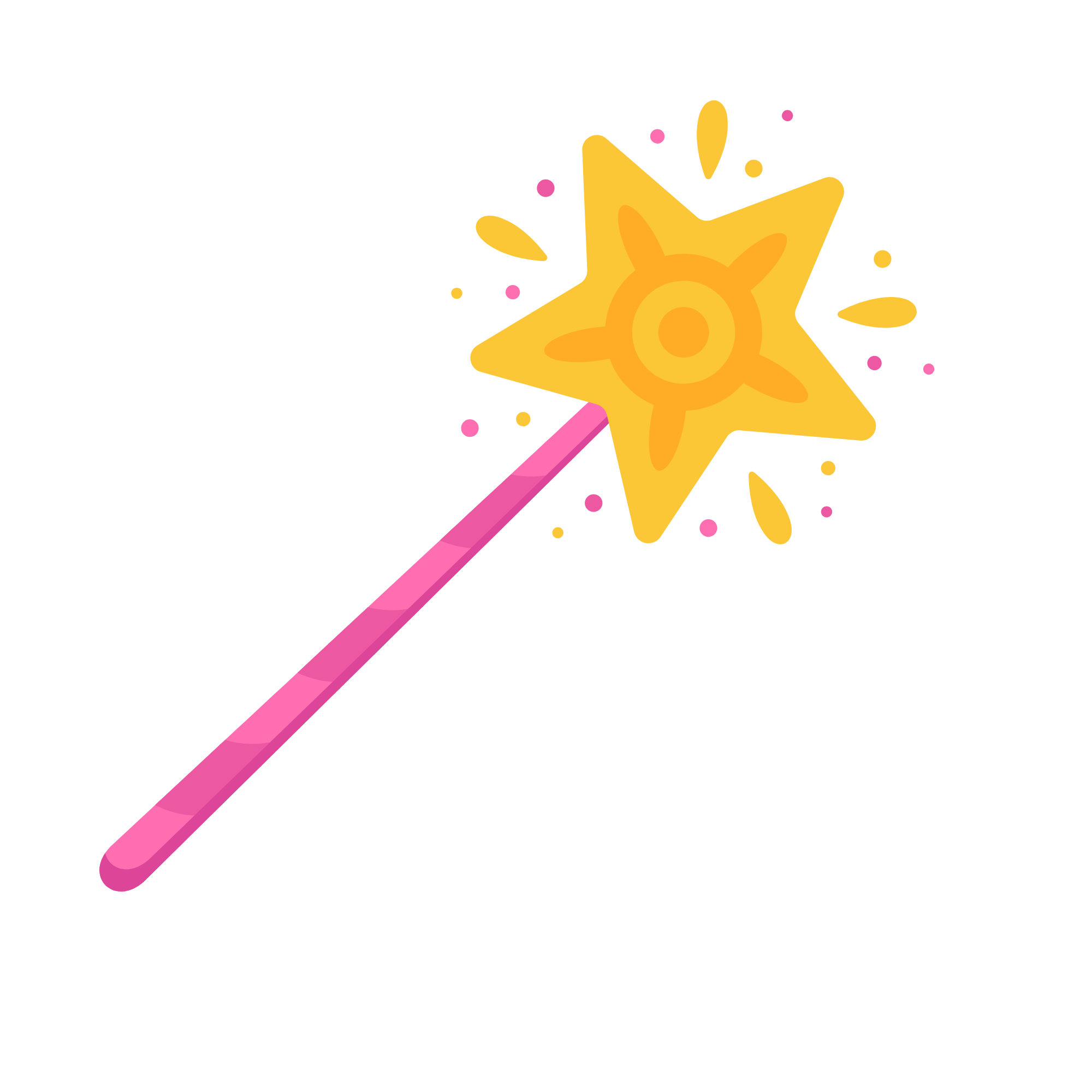 A cartoon magic wand with a star-shaped tip surrounded by colorful confetti and sparkles.